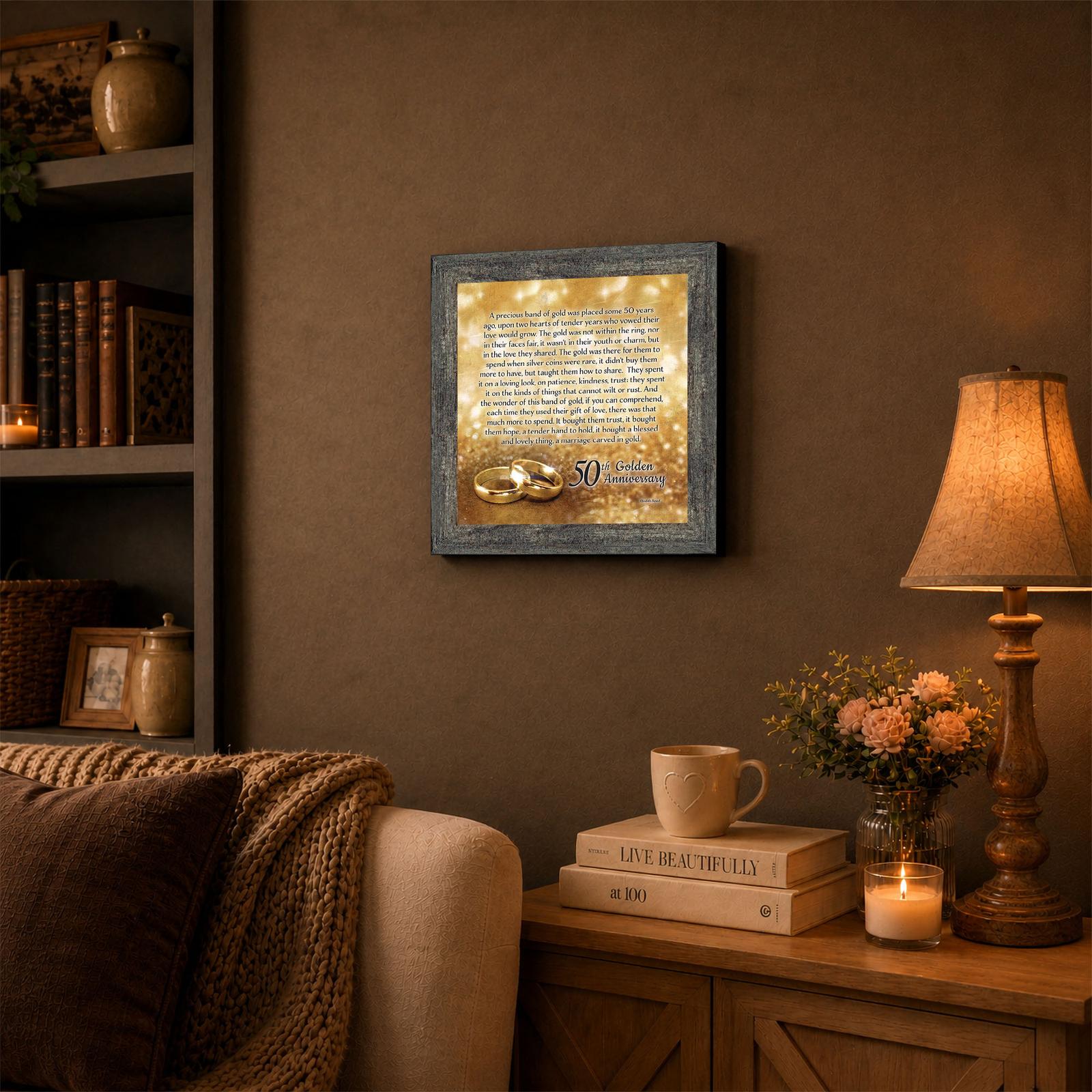 50th Anniversary Bands of Gold framed wall art displayed in an entryway