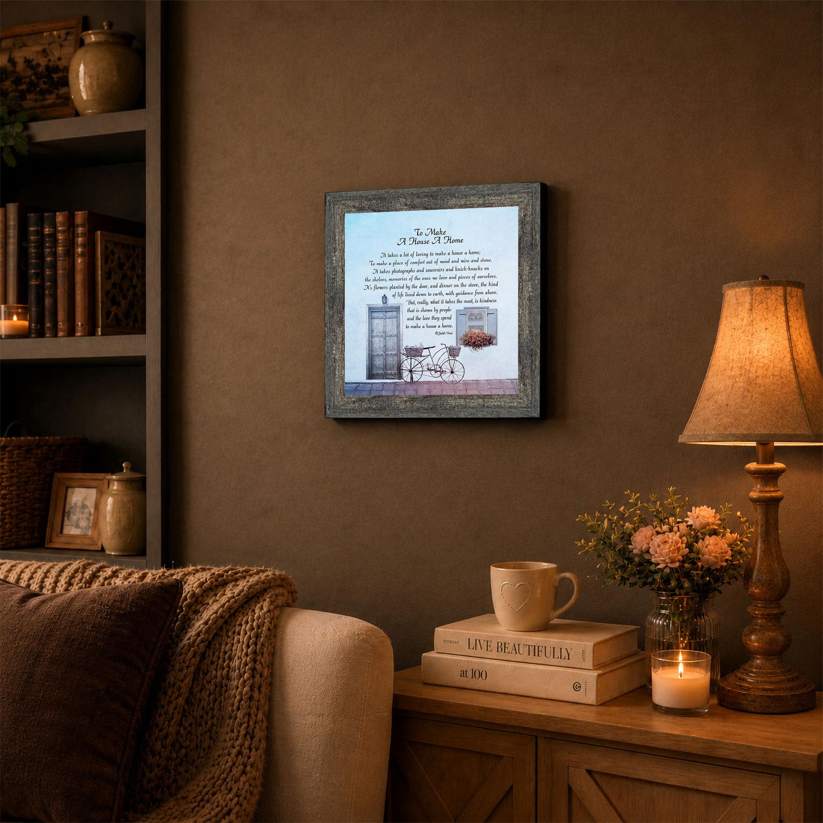 Housewarming framed wall art displayed in a hallway or entryway
