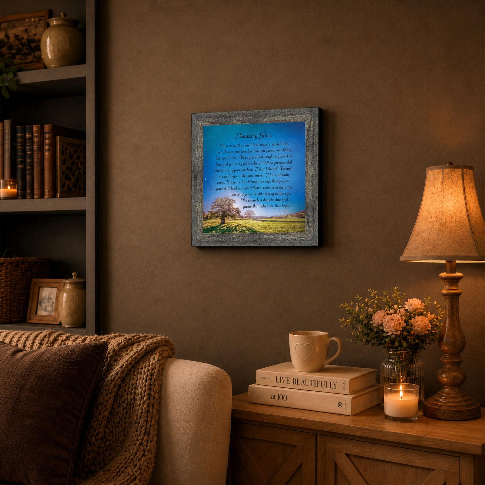 Amazing Grace framed wall art displayed in hallway