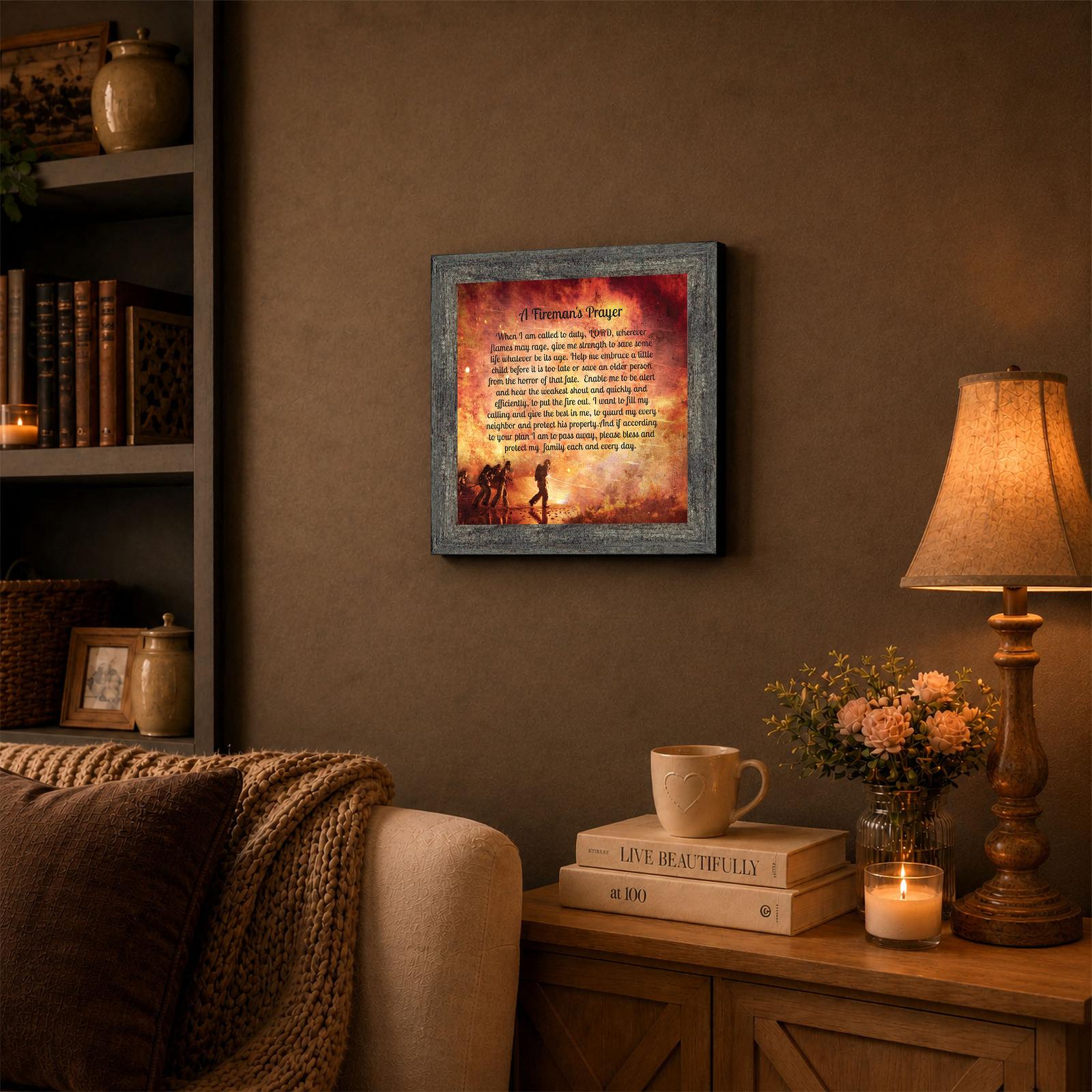 8650BW-3 Firefighters Prayer framed wall art displayed in a firehouse or den
