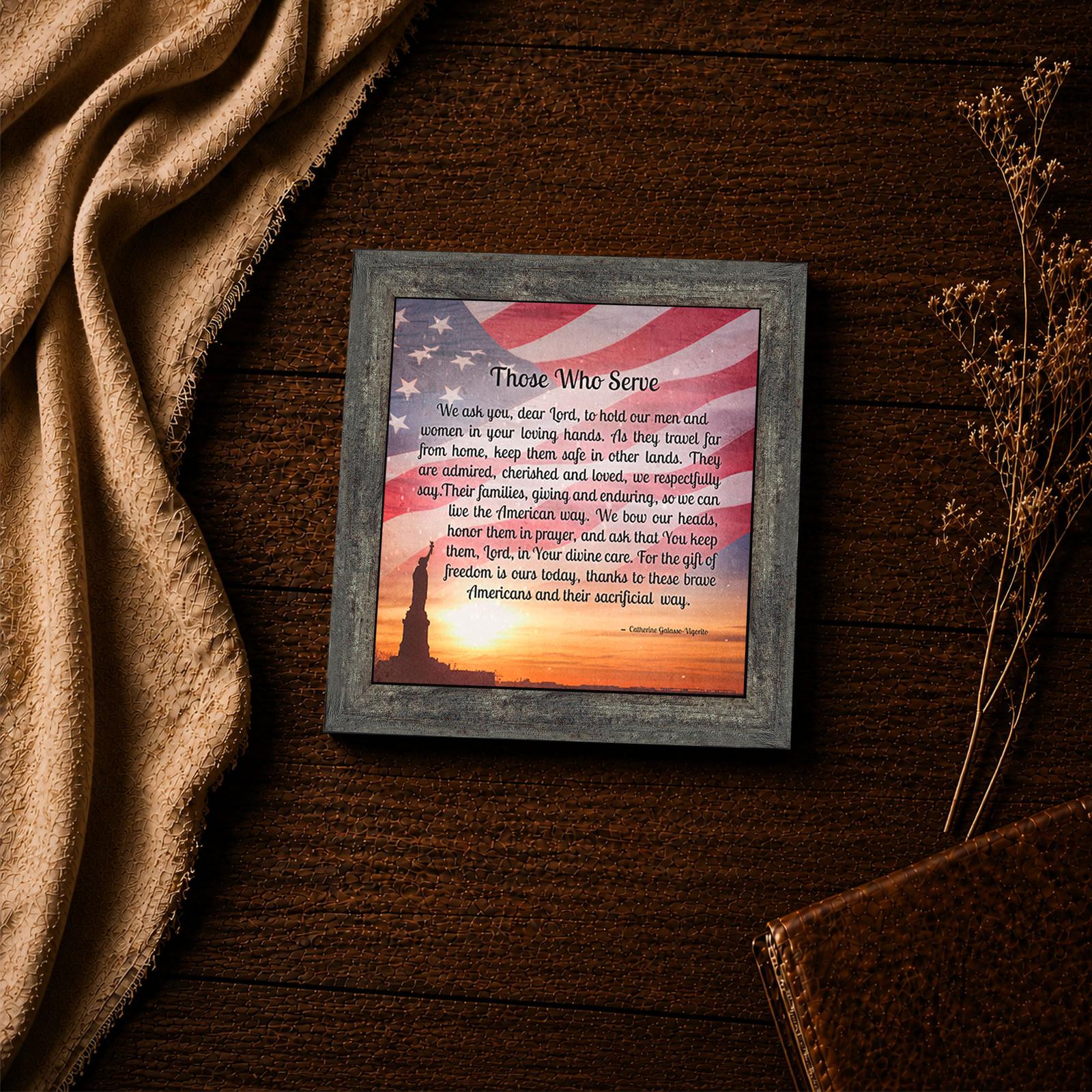 Close-up of the Those Who Serve prayer text over the flag design