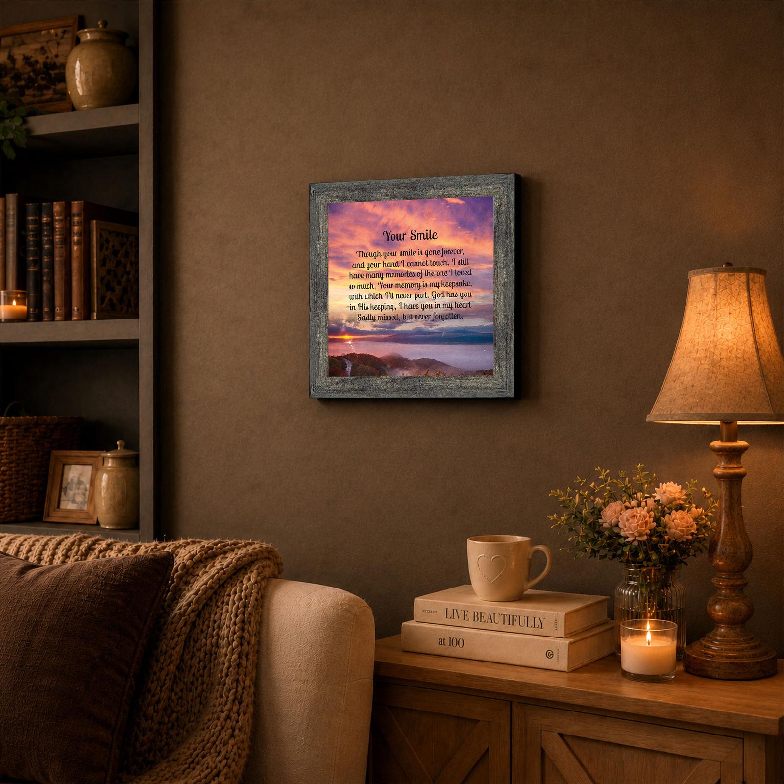 Your Smile memorial framed wall art displayed on a bedroom dresser