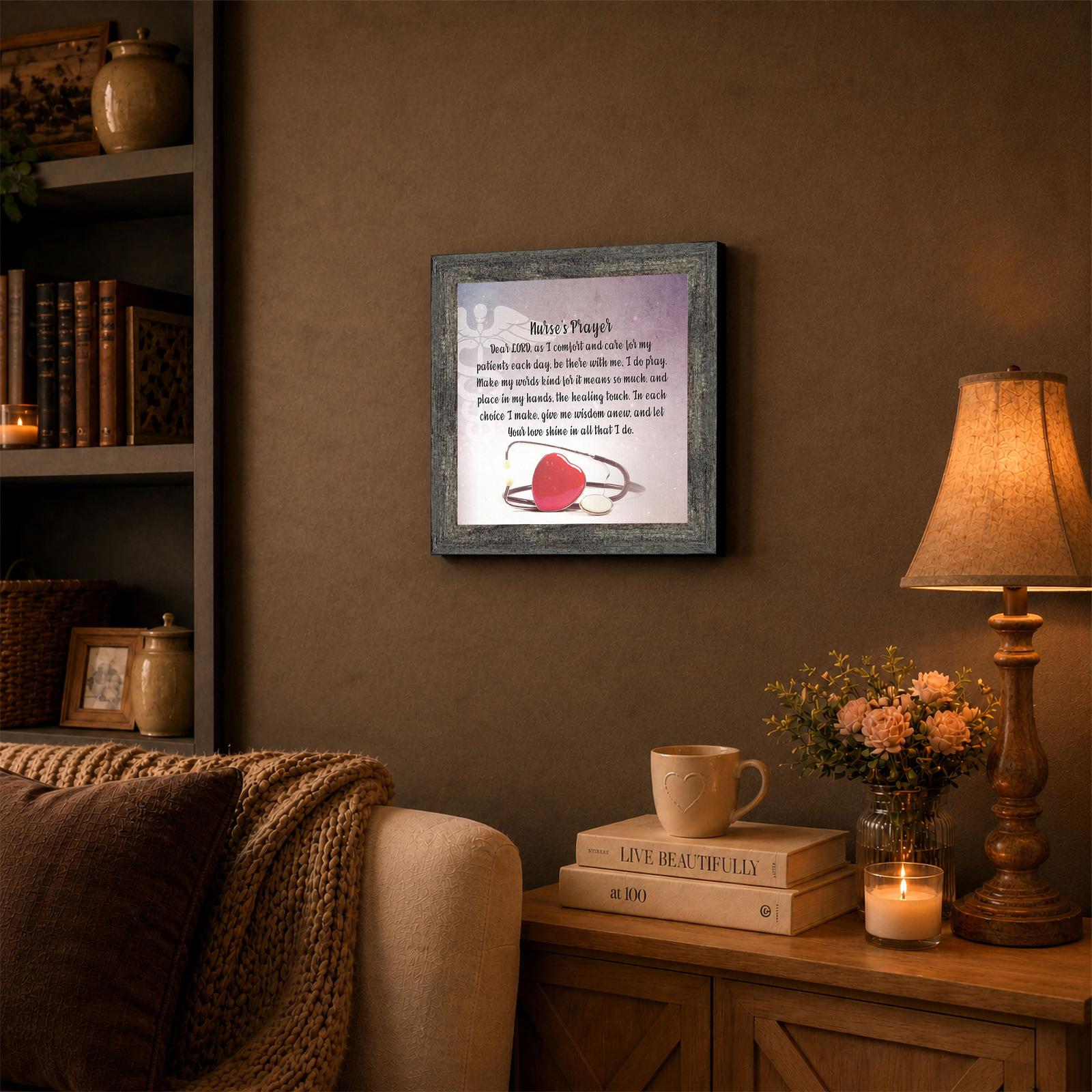 Nurses prayer framed wall art displayed at a nurses station
