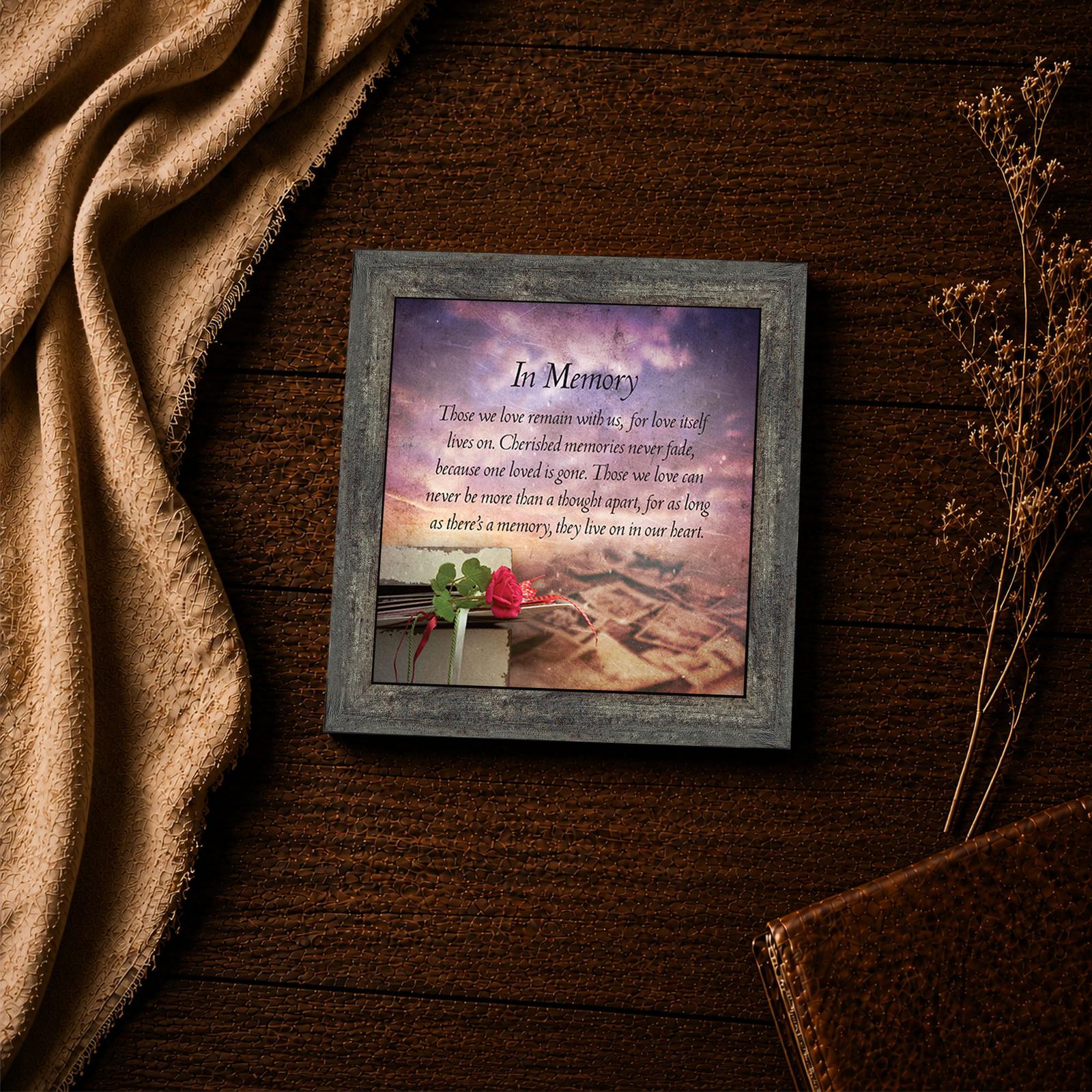 In Memory poem close-up - rose, ribbon and tied letters framed print