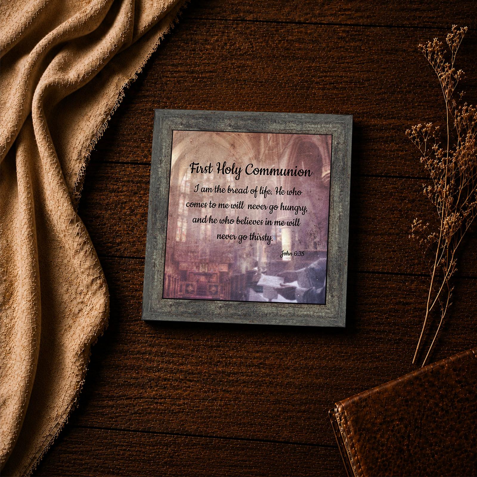 Close-up of the John 6:35 verse on the First Holy Communion framed print