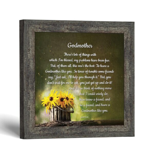 Godmother poem framed print - black-eyed Susans in a wooden bucket by Crossroads Home Decor