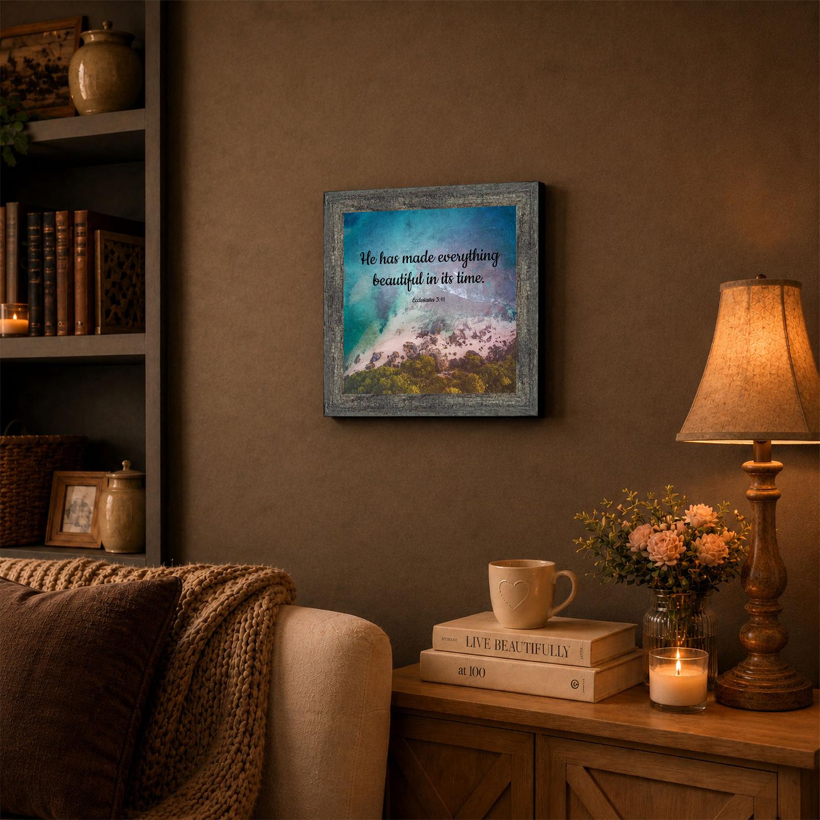 Coastal framed wall art displayed in a kitchen