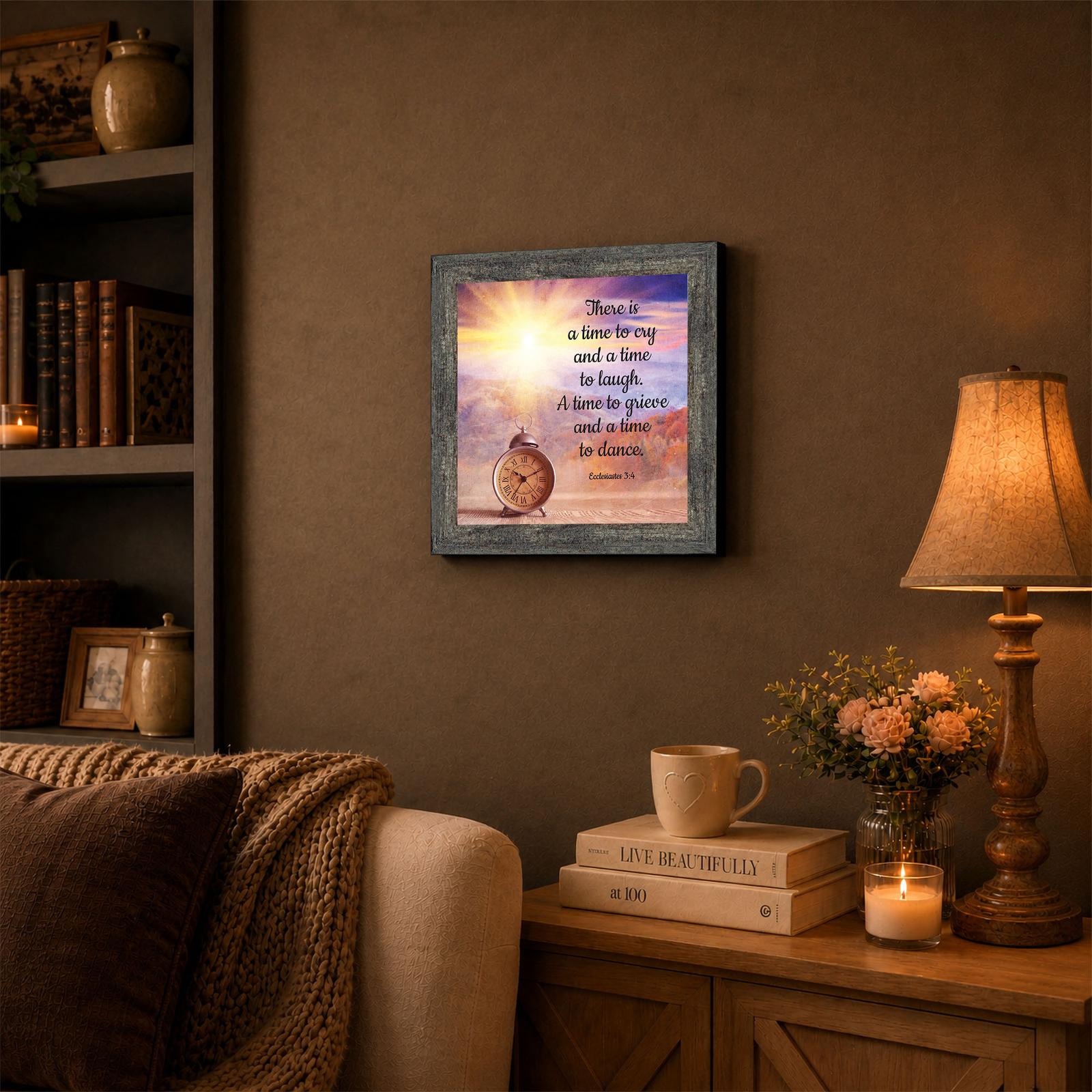 Ecclesiastes 3:4 framed wall art displayed in an office