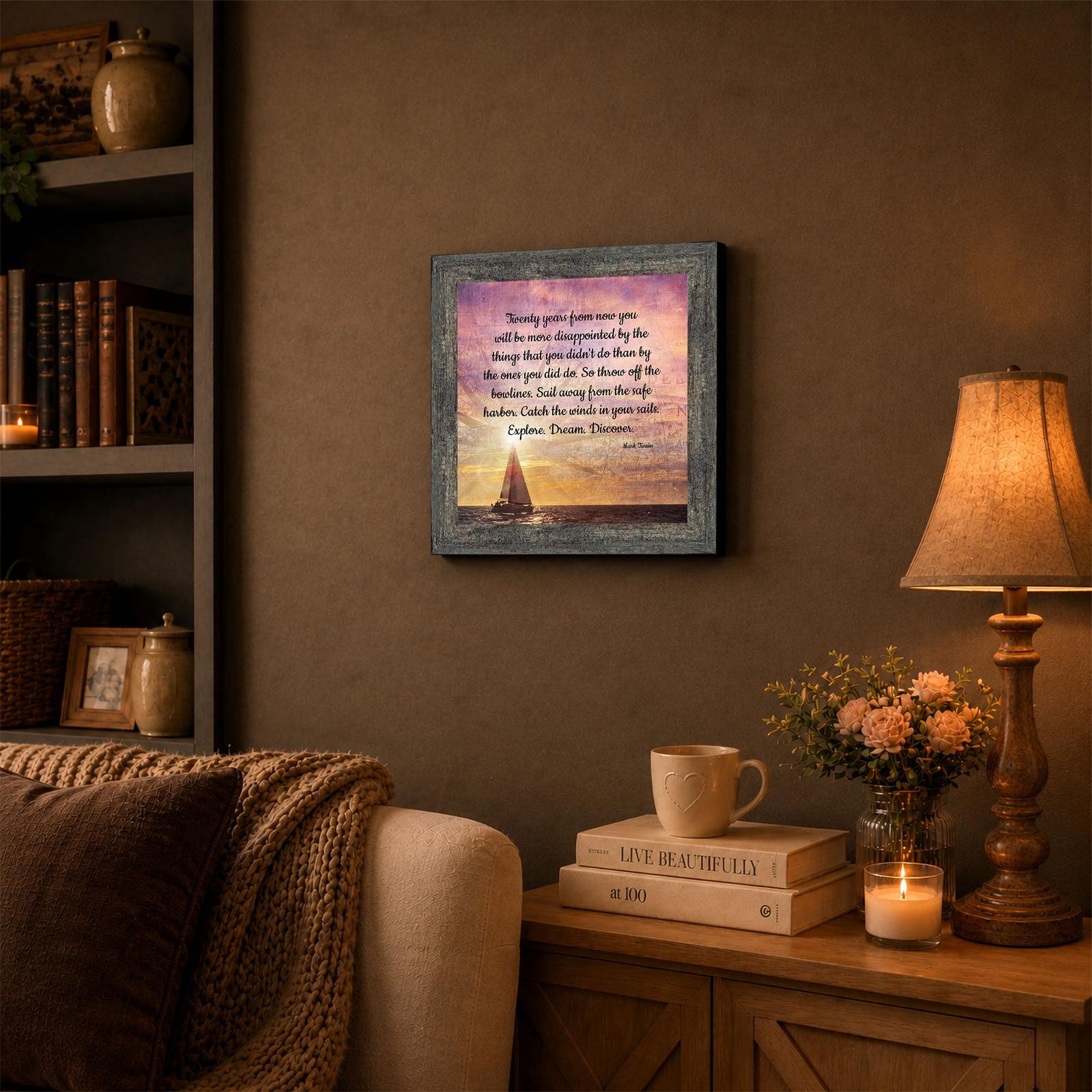 Sailing Motivational framed wall art displayed in a home office