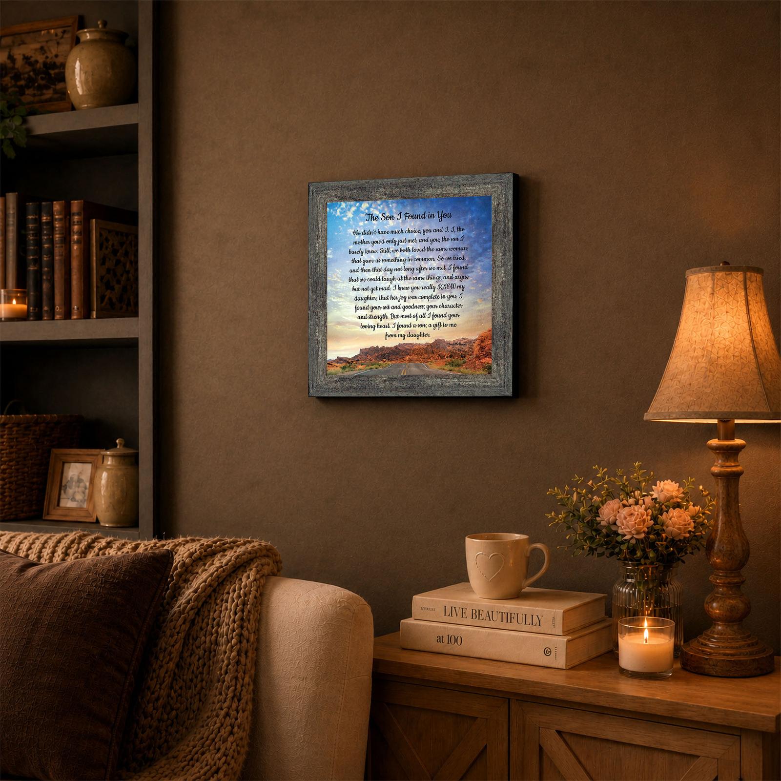 8689BW-3 Son in law framed wall art displayed on a living room shelf