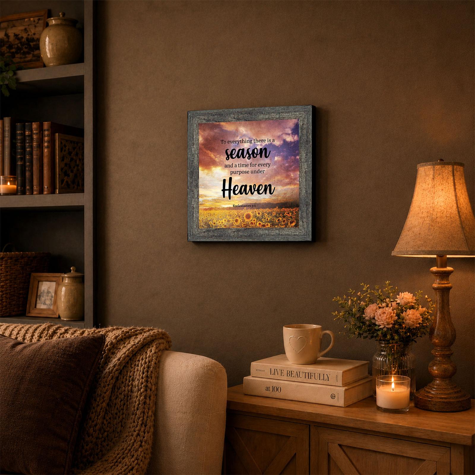 Ecclesiastes 3:1 framed wall art displayed in a farmhouse kitchen