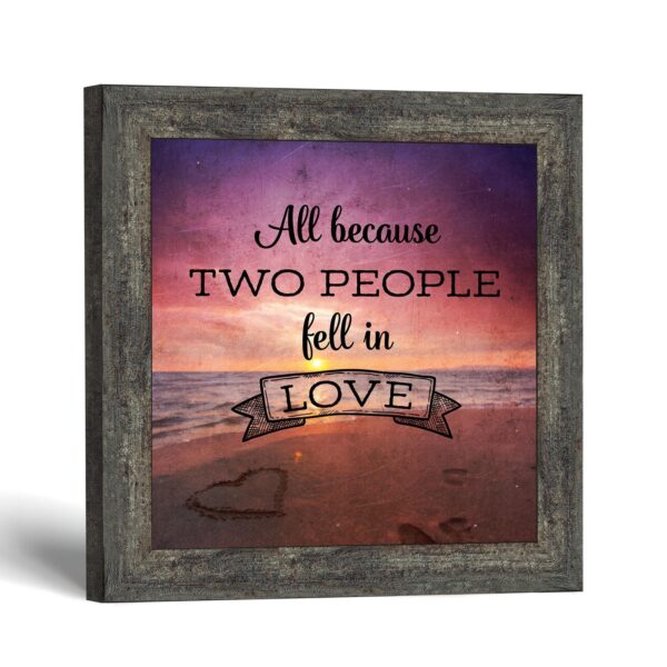 All because two people fell in love framed print - beach sunset and heart in the sand by Crossroads Home Decor