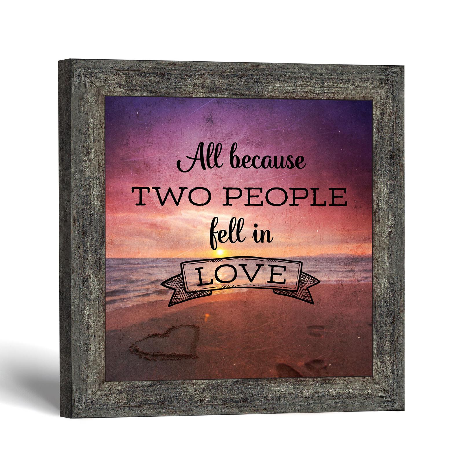 All because two people fell in love framed print - beach sunset and heart in the sand by Crossroads Home Decor