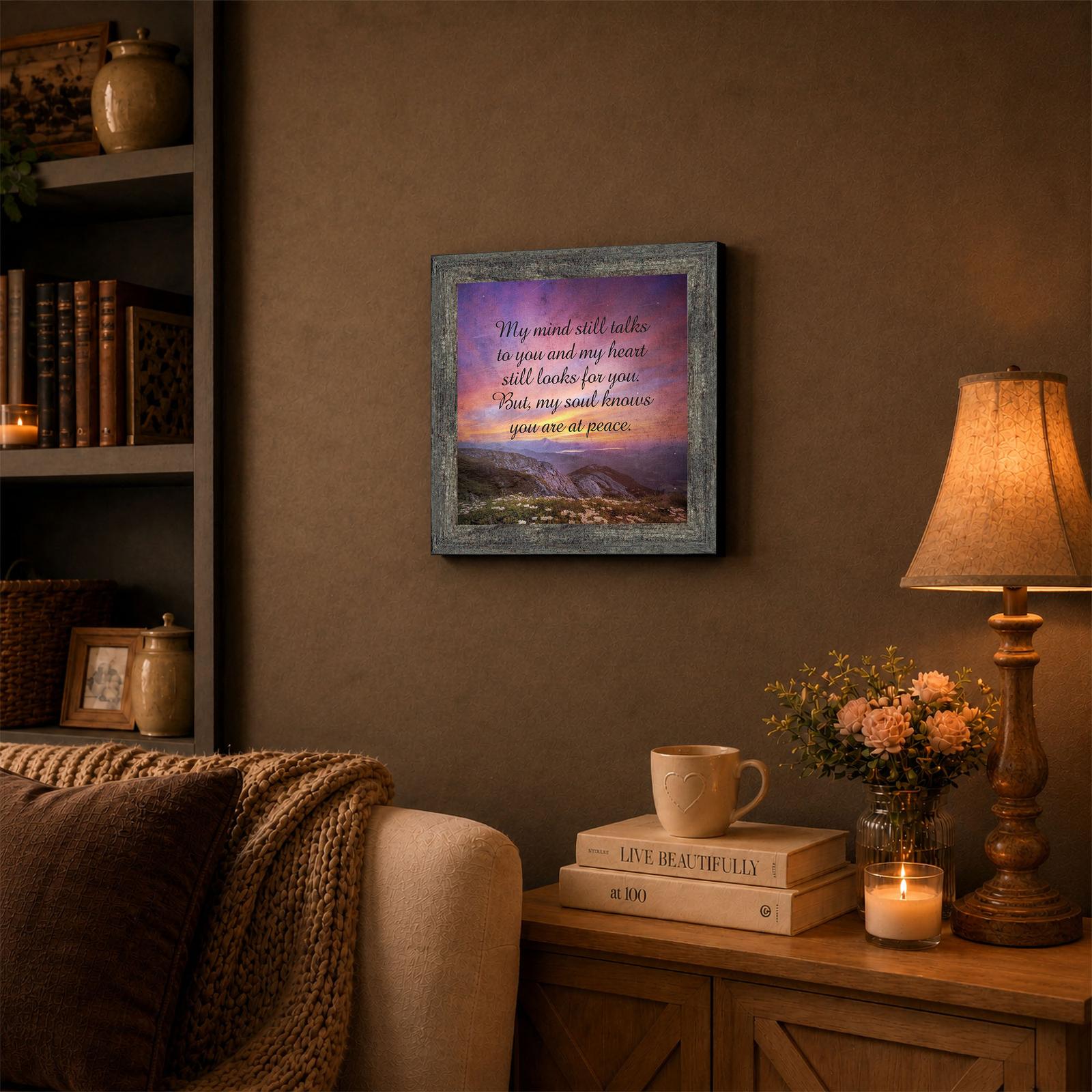 Memorial framed wall art displayed on a mantel shelf