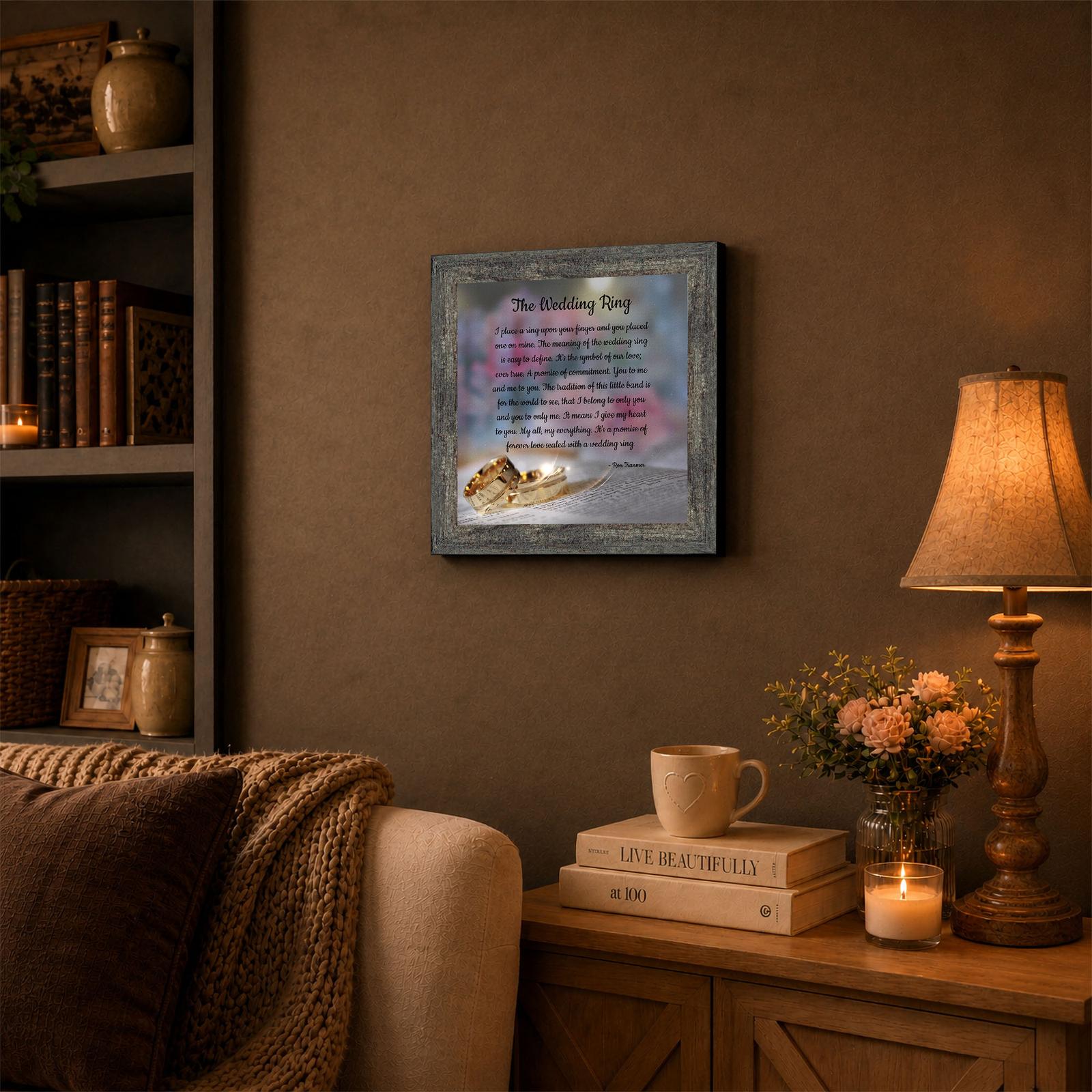 Wedding ring poem framed wall art displayed in a living room