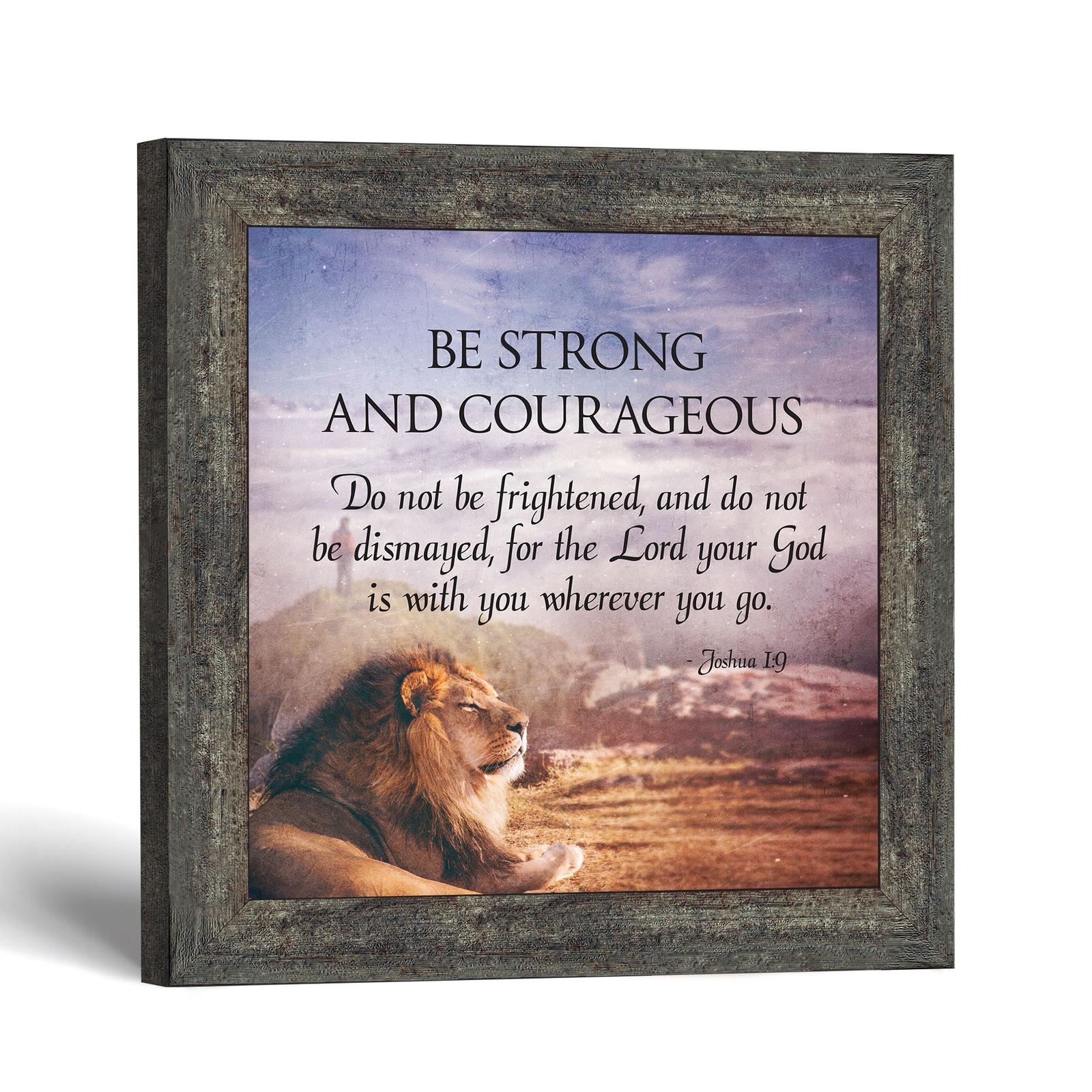 Joshua 1:9 lion wall art, Be Strong and Courageous framed print by Crossroads Home Decor