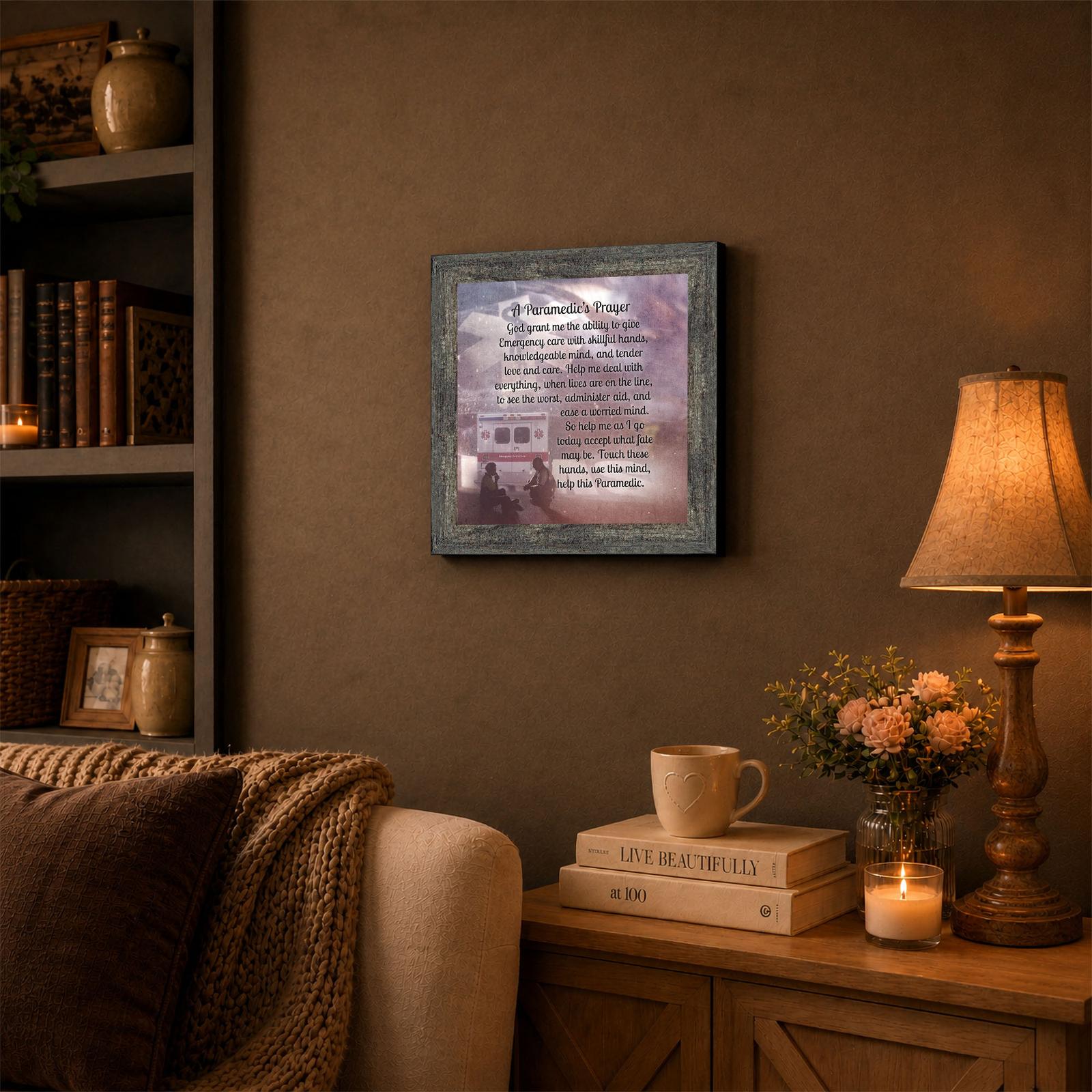 8713BW-3 A Paramedic's Prayer framed wall art displayed in a home office