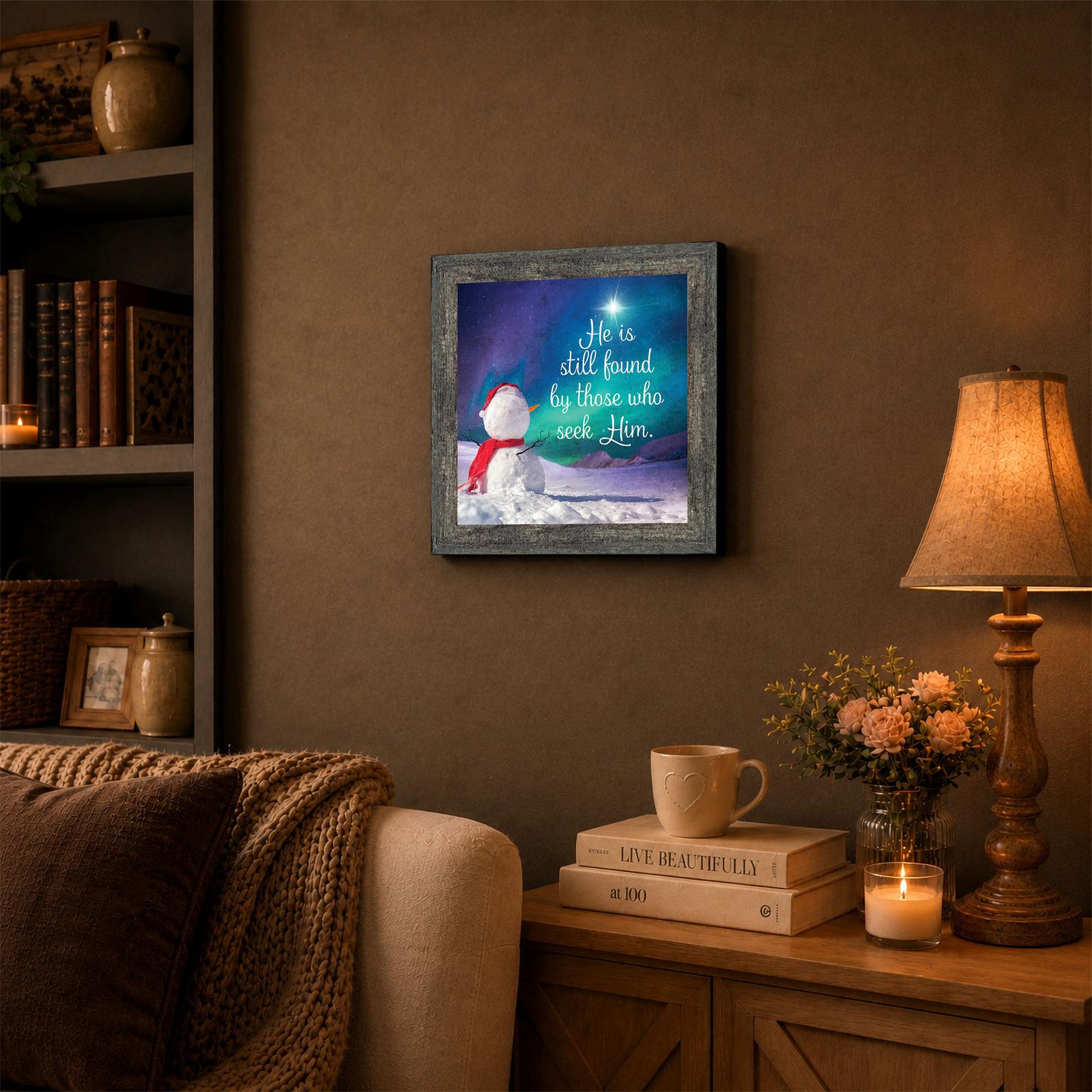 8719BW-3 Christian snowman framed wall art displayed on a mantel or entryway
