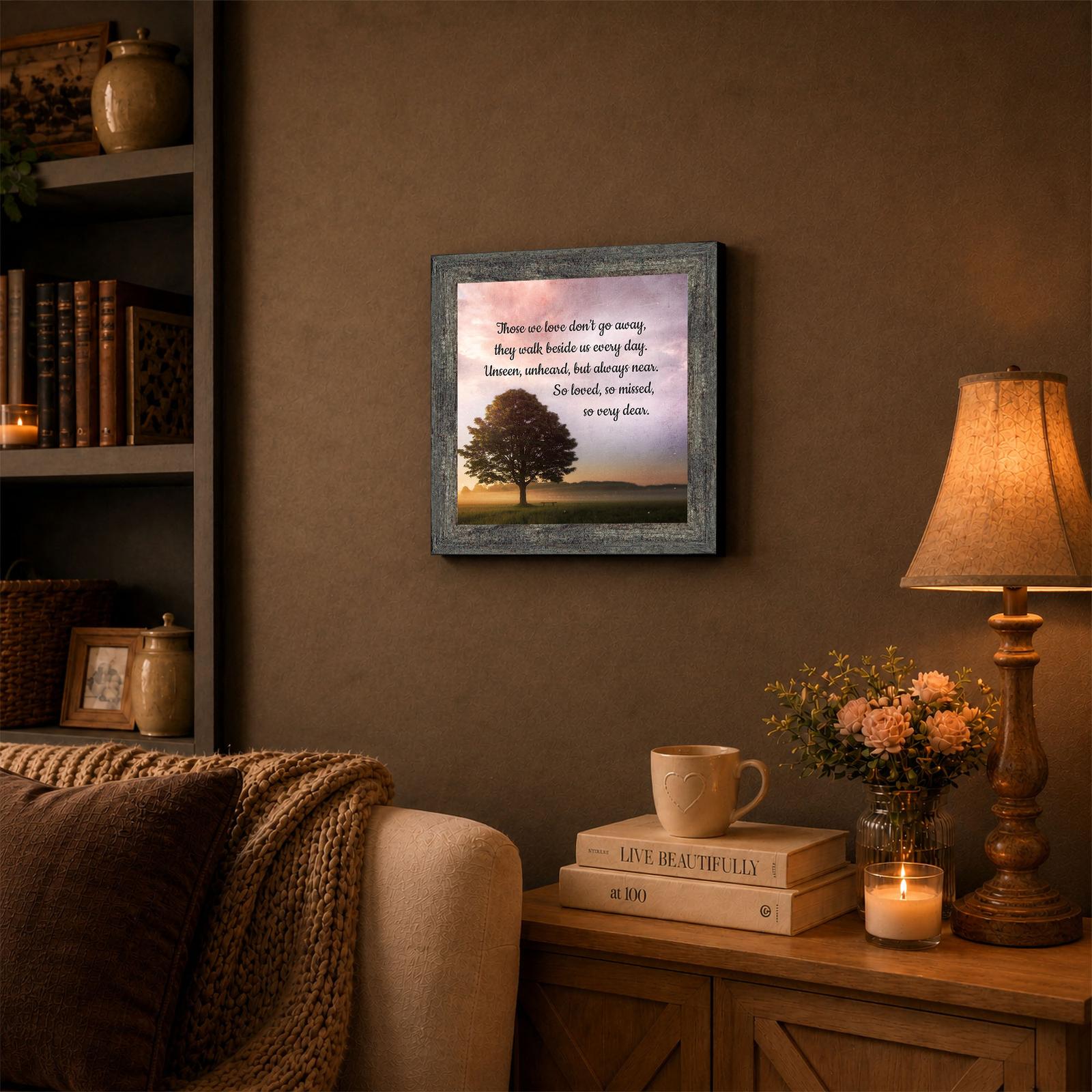 Memorial framed wall art displayed in a living room