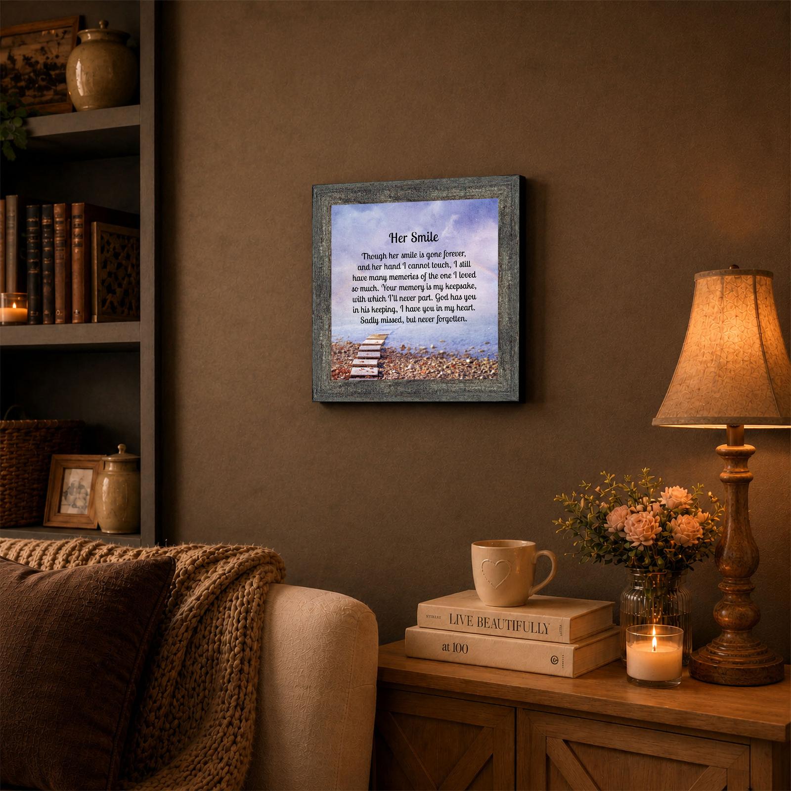 Her Smile framed wall art displayed in a hallway