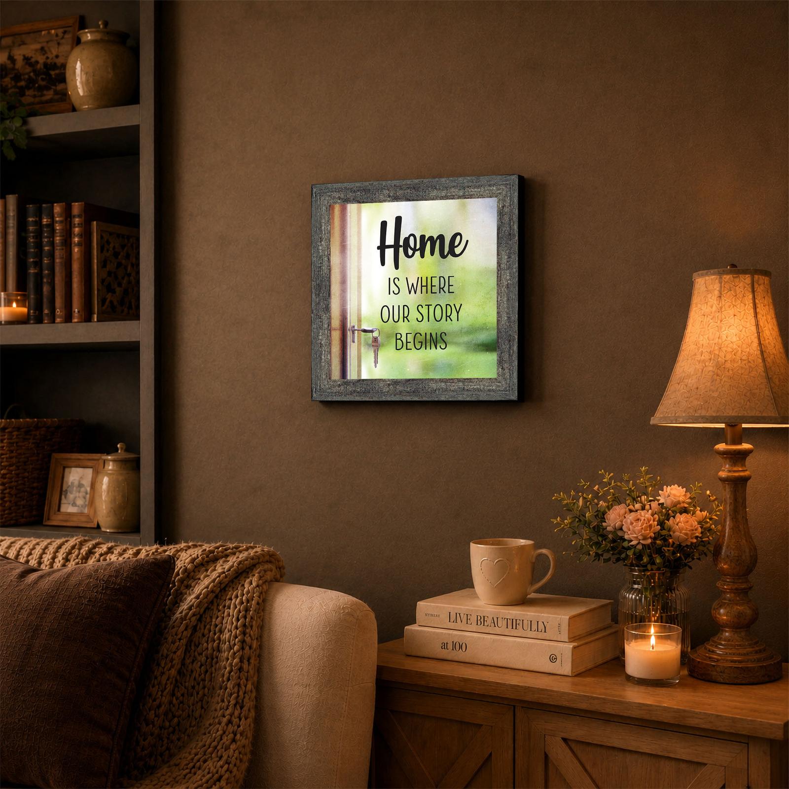 Home Is Where Our Story Begins framed wall art displayed in an entryway