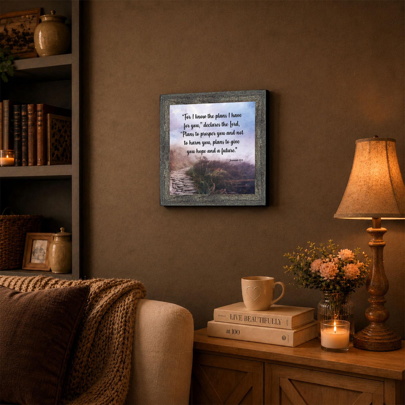 Jeremiah 29:11 framed wall art displayed in a hallway