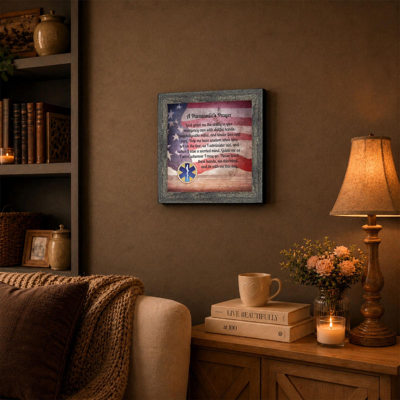 A Paramedic's Prayer framed wall art displayed in a hallway