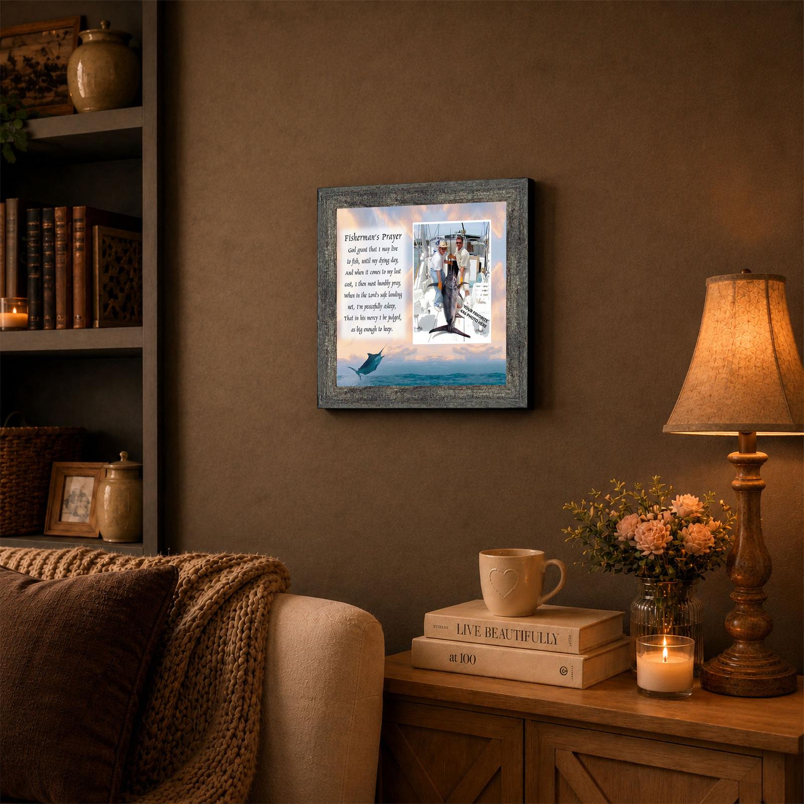 Fisherman's Prayer framed wall art displayed in a lake house den