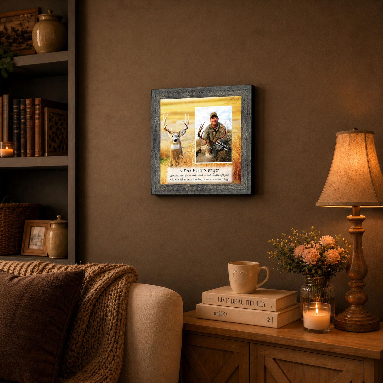 Deer Hunter's Prayer framed wall art displayed in a den or cabin