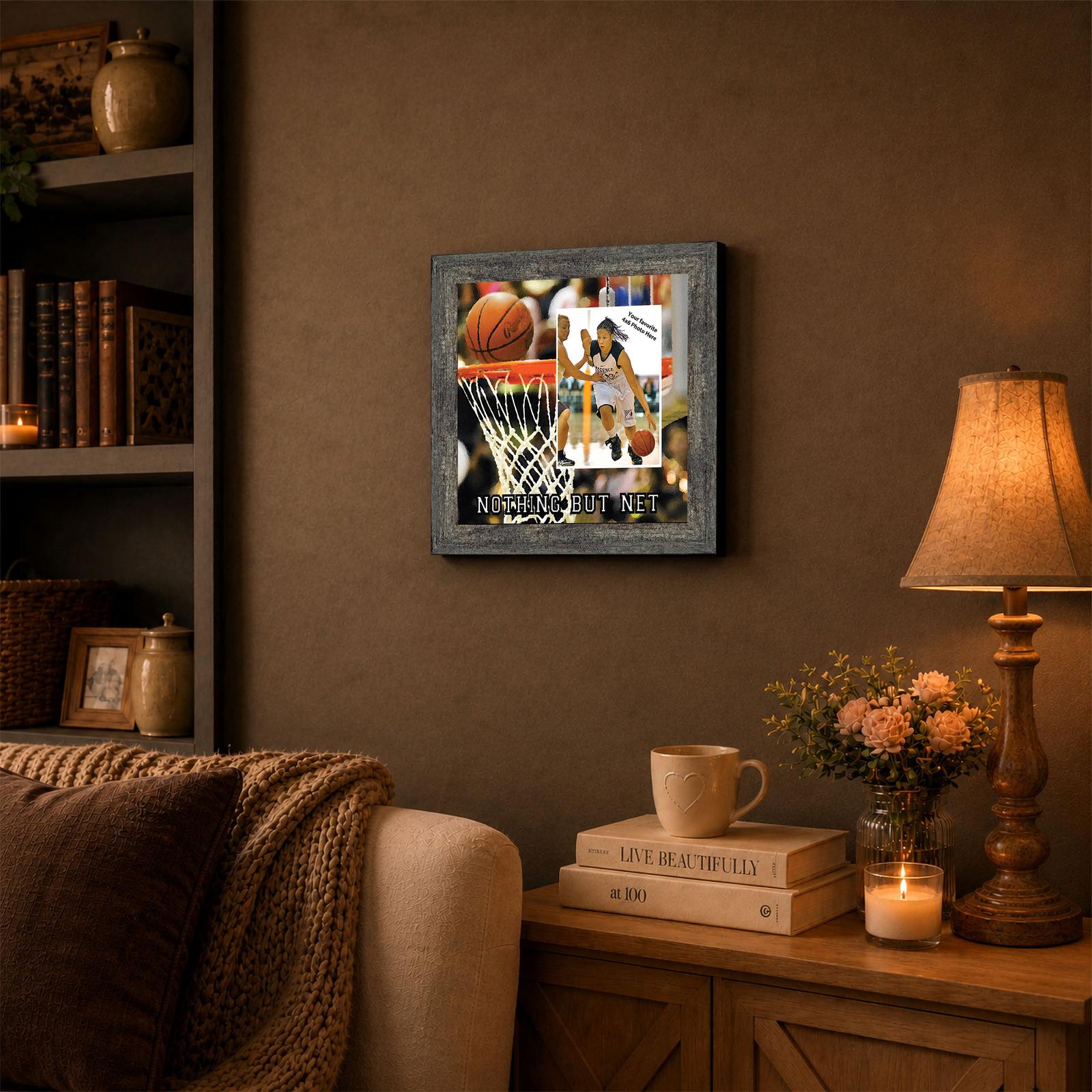 Basketball player framed wall art displayed in a bedroom or game room