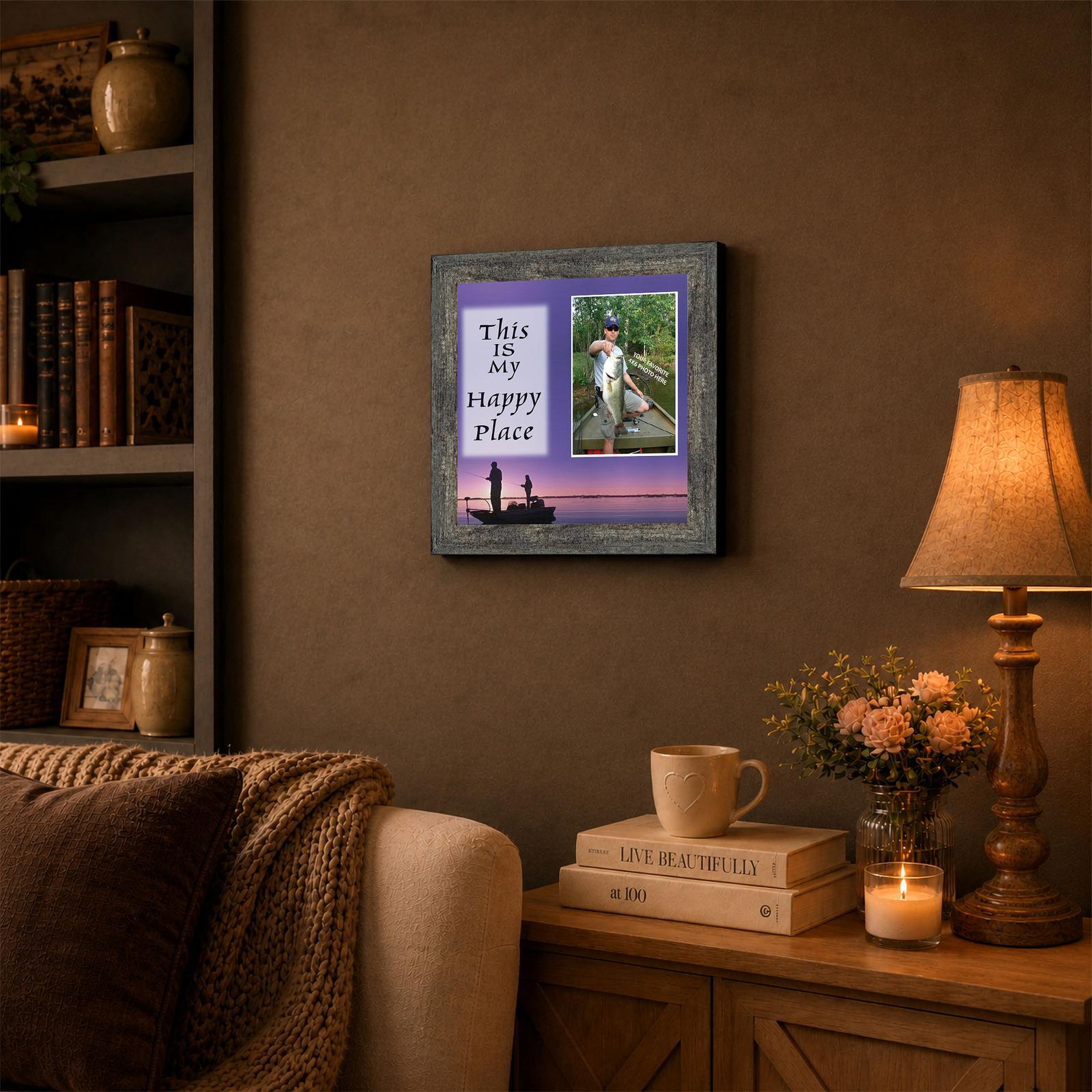9722BW-3 Bass fishing framed wall art displayed in a cabin or lake house