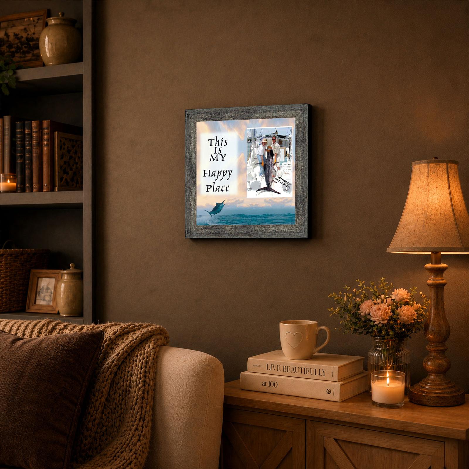 Deep Sea Fishing Happy Place framed wall art displayed in a den or cabin
