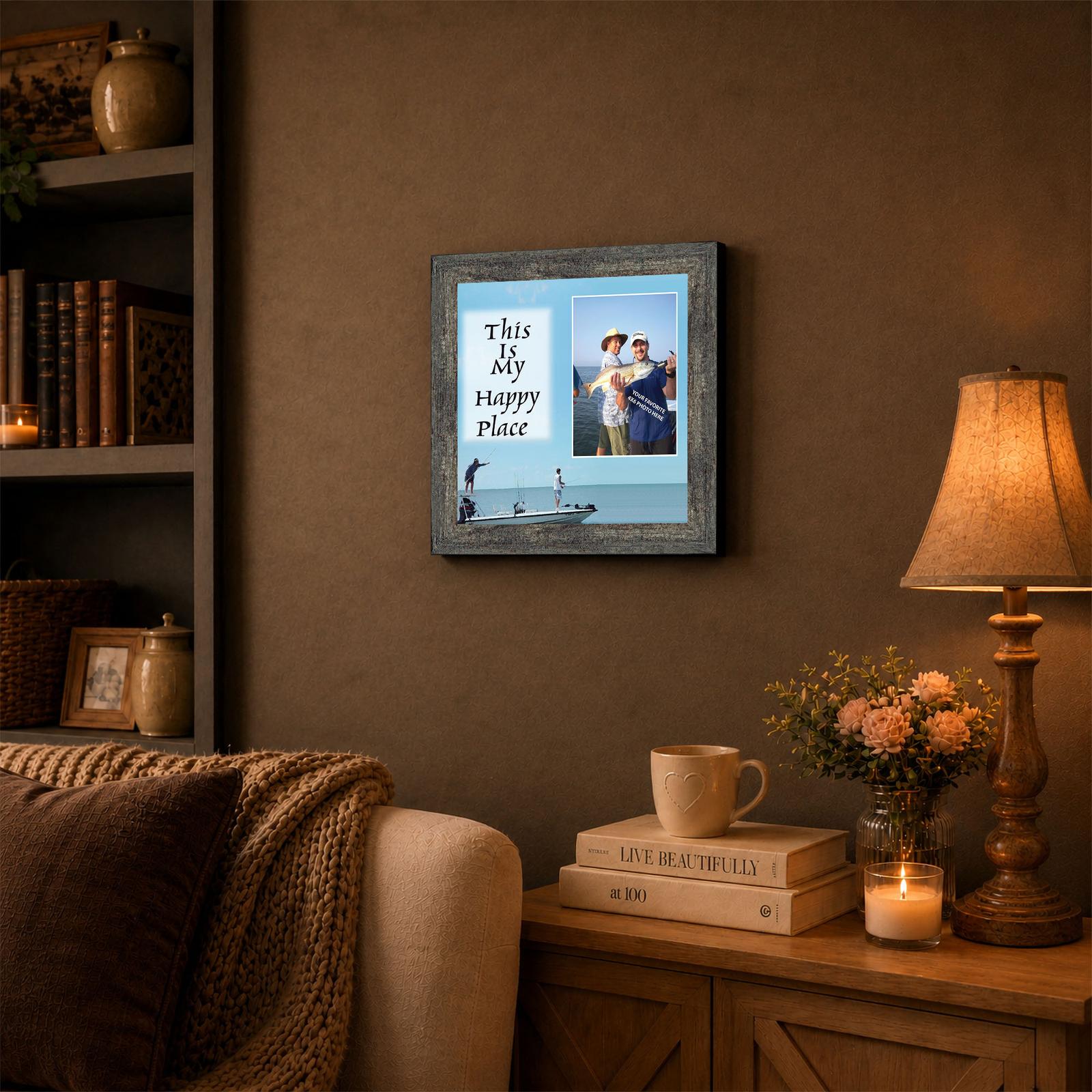 Flats Fishing Happy Place framed wall art displayed in a den