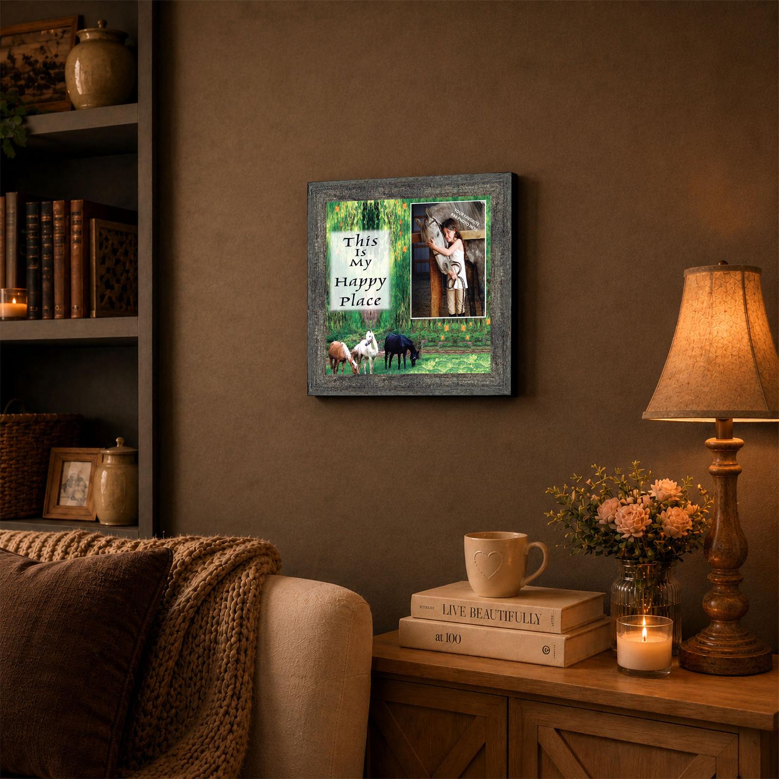 9728BW-3 Horse lovers happy place framed wall art displayed in a bedroom or barn office