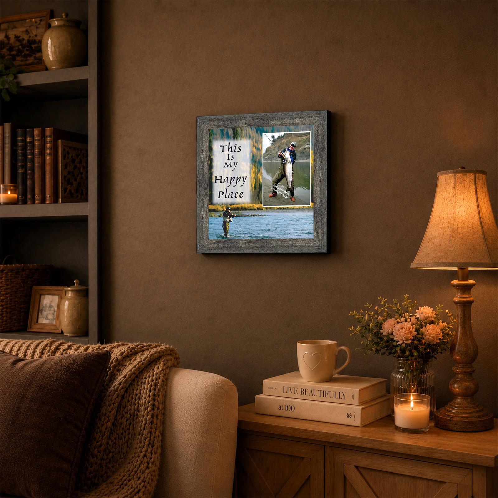 9729BW-3 Fly Fishing Happy Place framed wall art displayed in a den