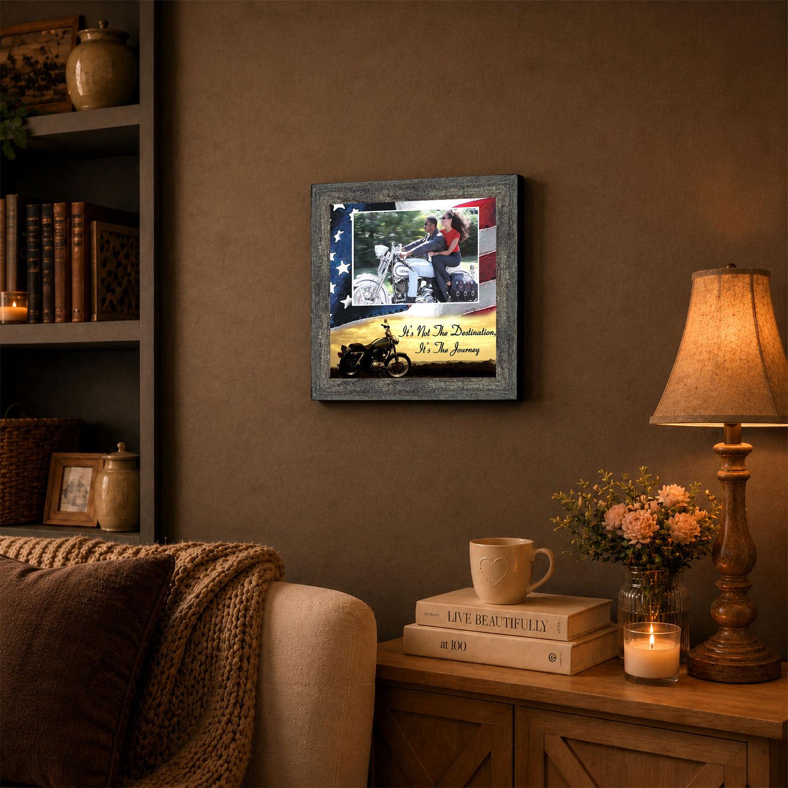 It’s Not the Destination, It’s the Journey framed wall art displayed in a man cave or garage