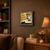Motorcycle sunset framed wall art displayed in a man cave or garage