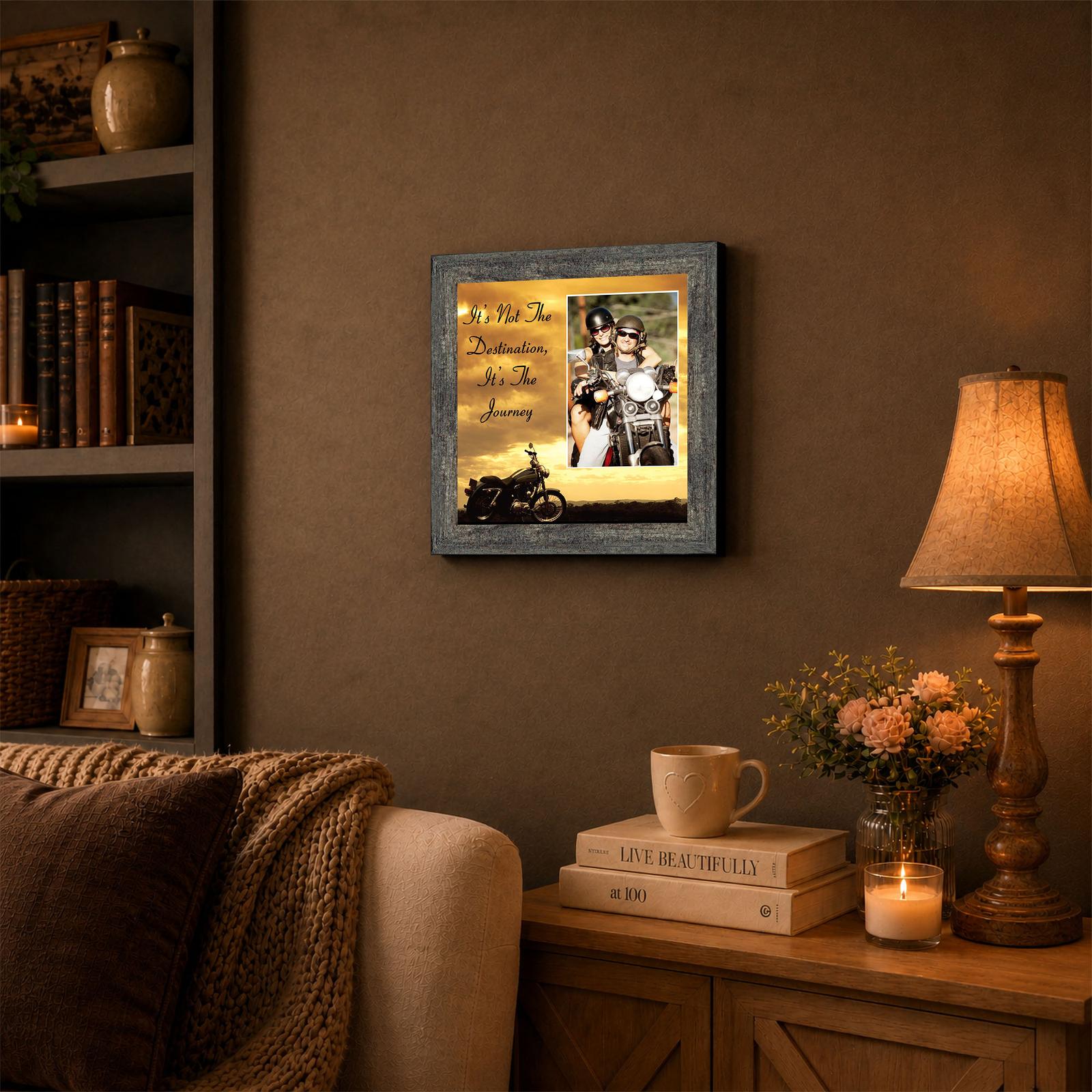 Motorcycle sunset framed wall art displayed in a man cave or garage
