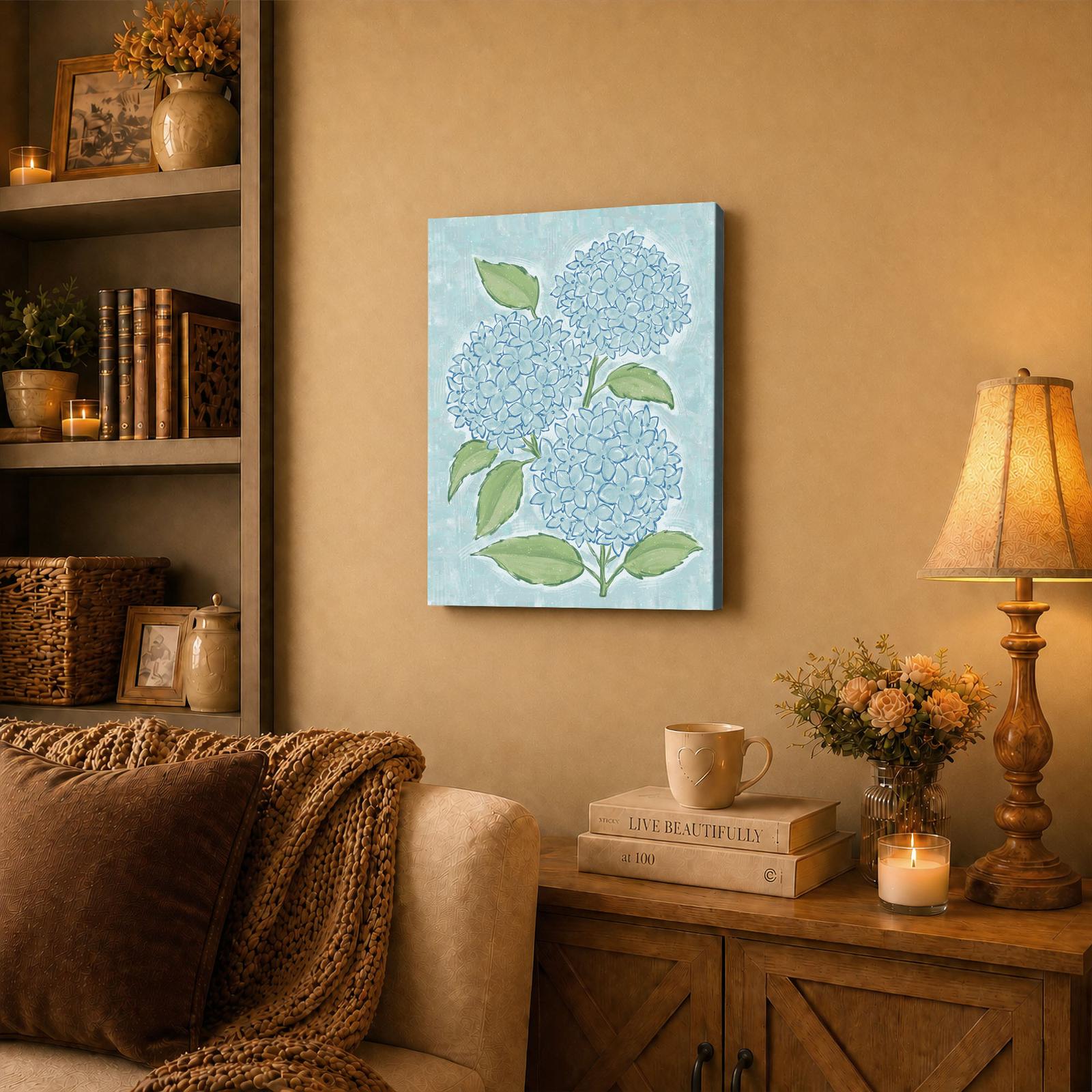 Blue Hydrangea canvas wall art displayed in a coastal bathroom