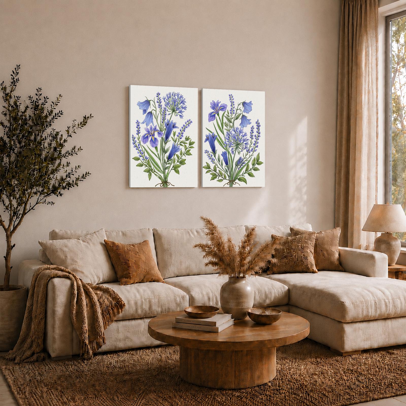 Blue Wildflower canvas wall art set - gift for cottagecore and garden lovers