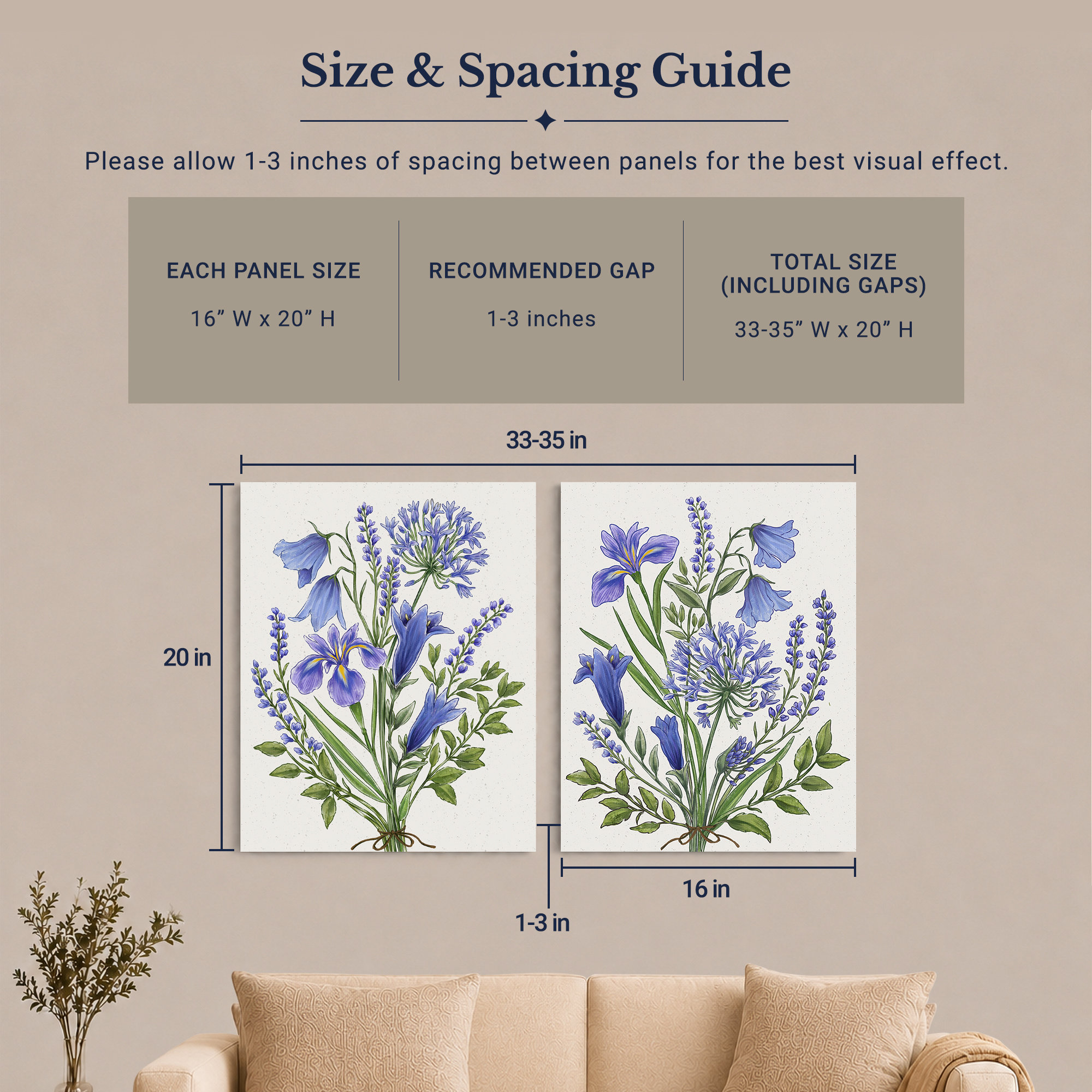 Blue Wildflower botanical canvas wall art set displayed in a bedroom
