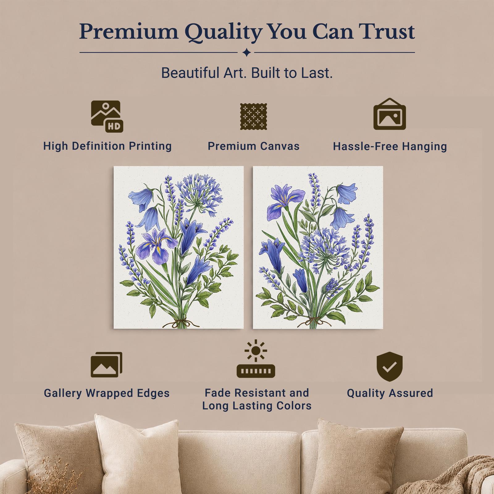 Blue Wildflower canvas wall art set - gallery wrapped and floating frame styles
