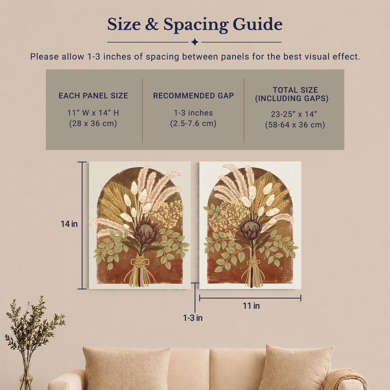 Pampas & Protea Arch canvas wall art set displayed in a living room