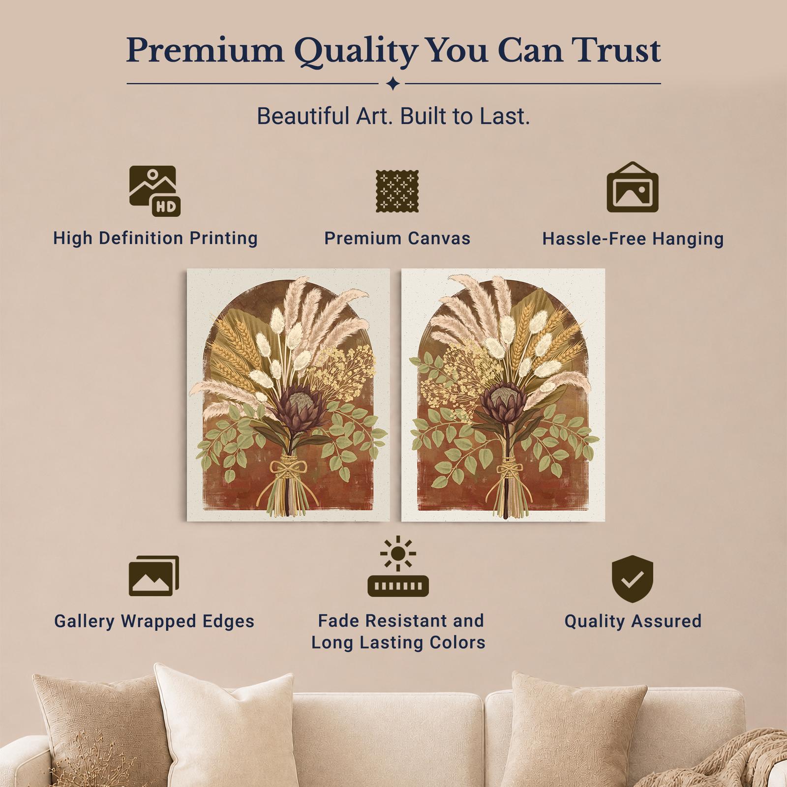 Pampas & Protea Arch canvas wall art set - gallery wrapped and floating frame styles