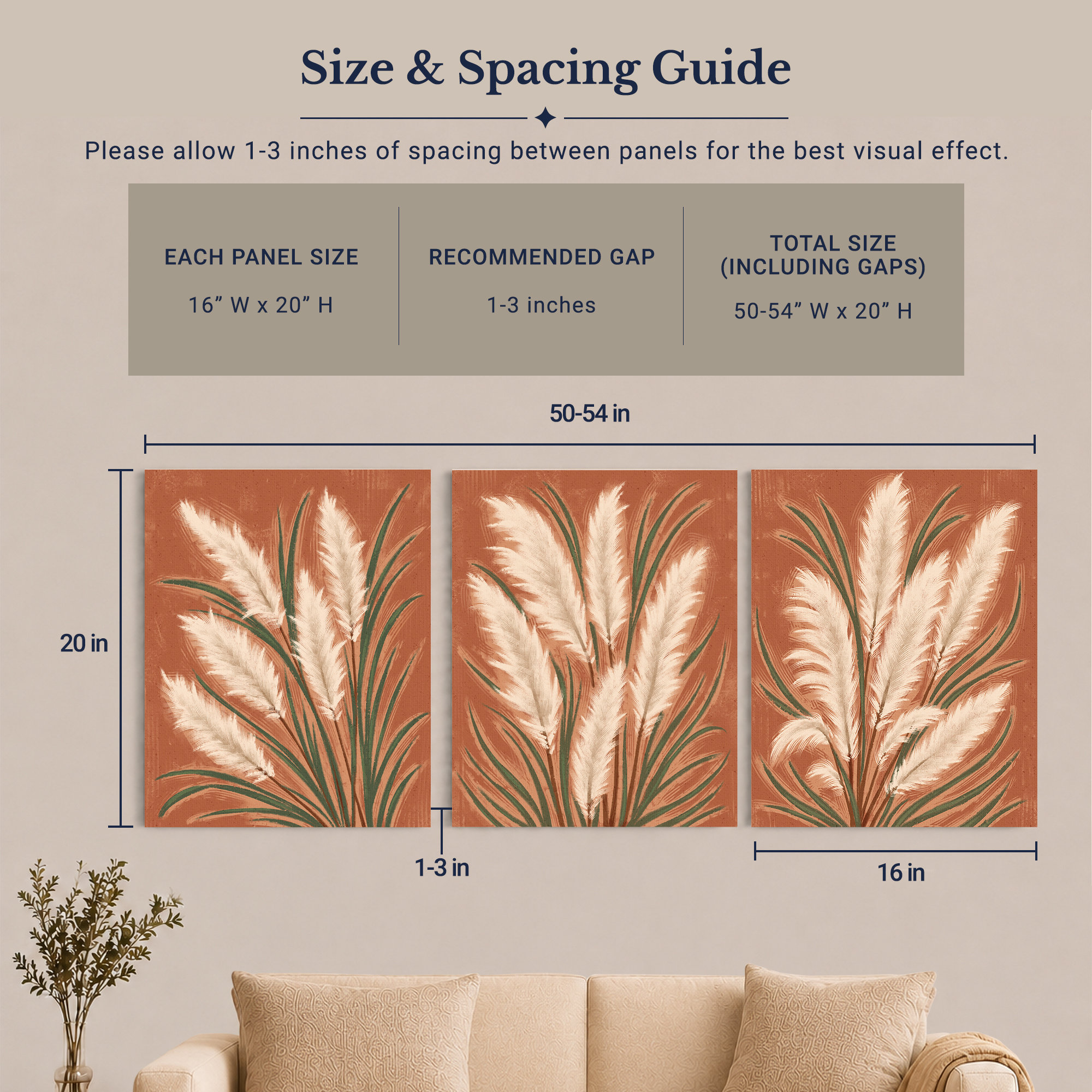 Terracotta Pampas canvas wall art displayed in a living room above a sofa