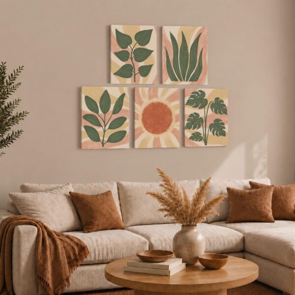 Terracotta Sun and Sage gift - canvas print set for plant lovers and retro boho fans