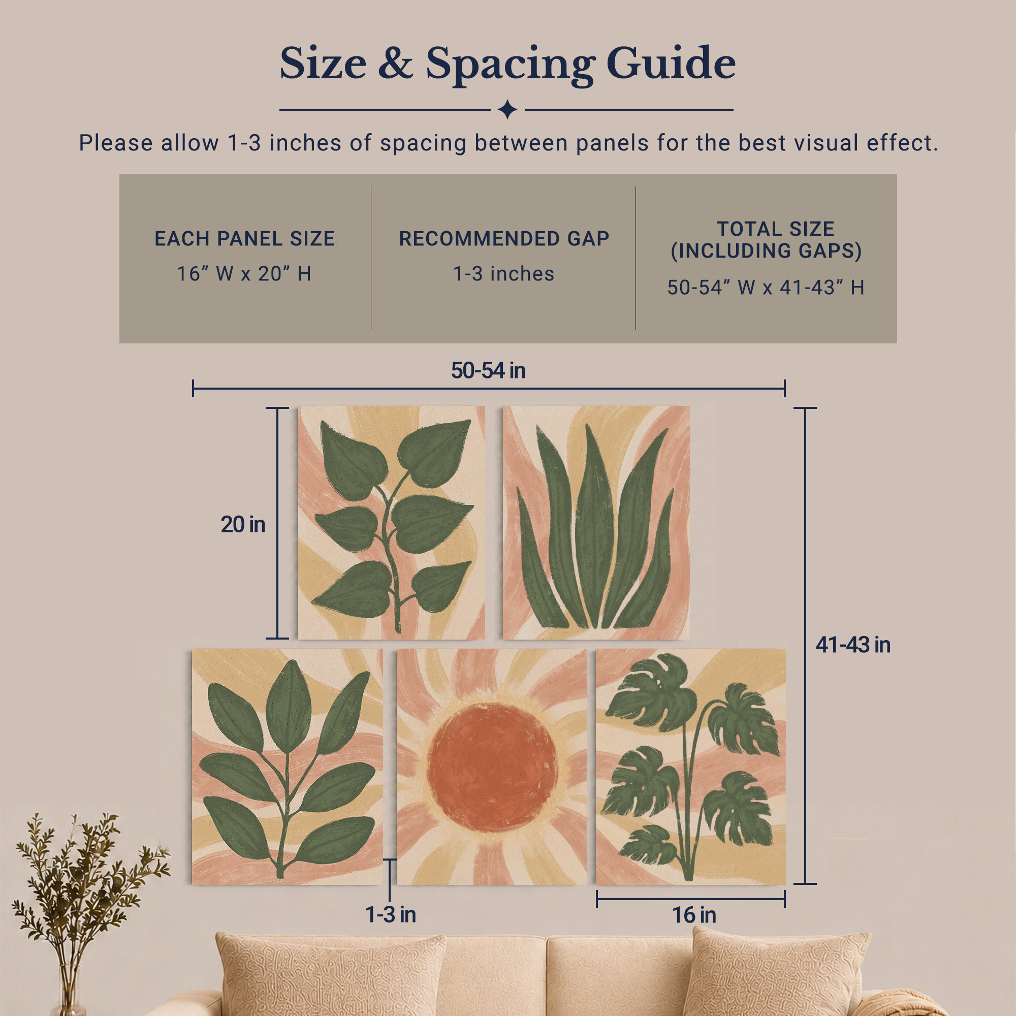 Terracotta Sun and Sage canvas wall art displayed in a living room above a sofa