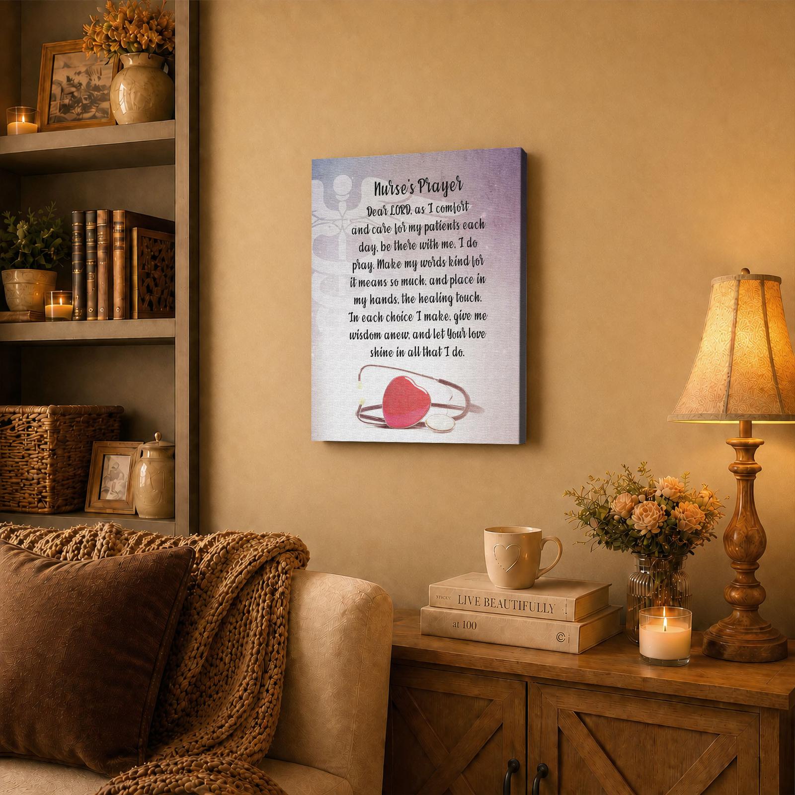 Nurses prayer canvas wall art displayed in a break room