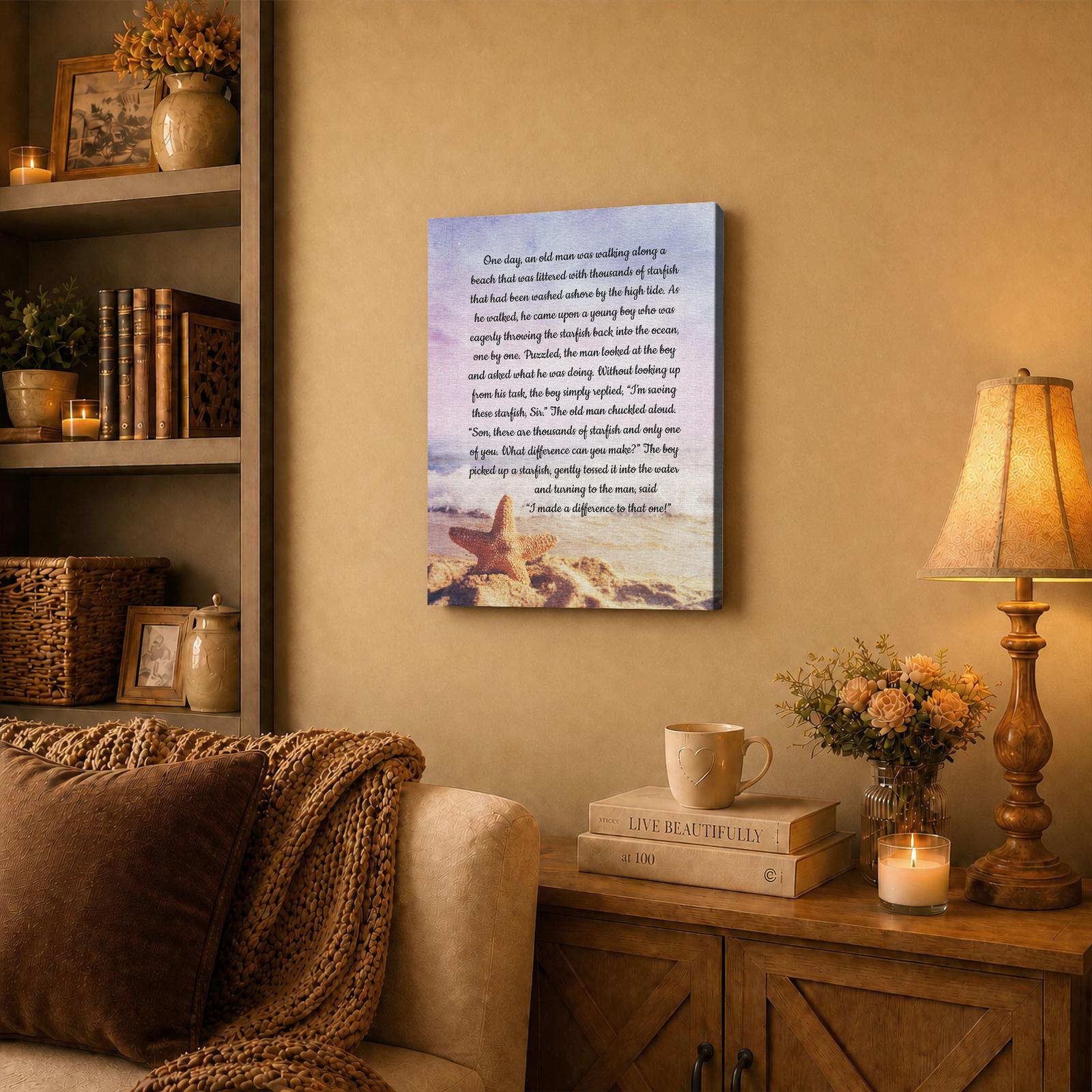 Starfish story canvas wall art displayed in a coastal living room