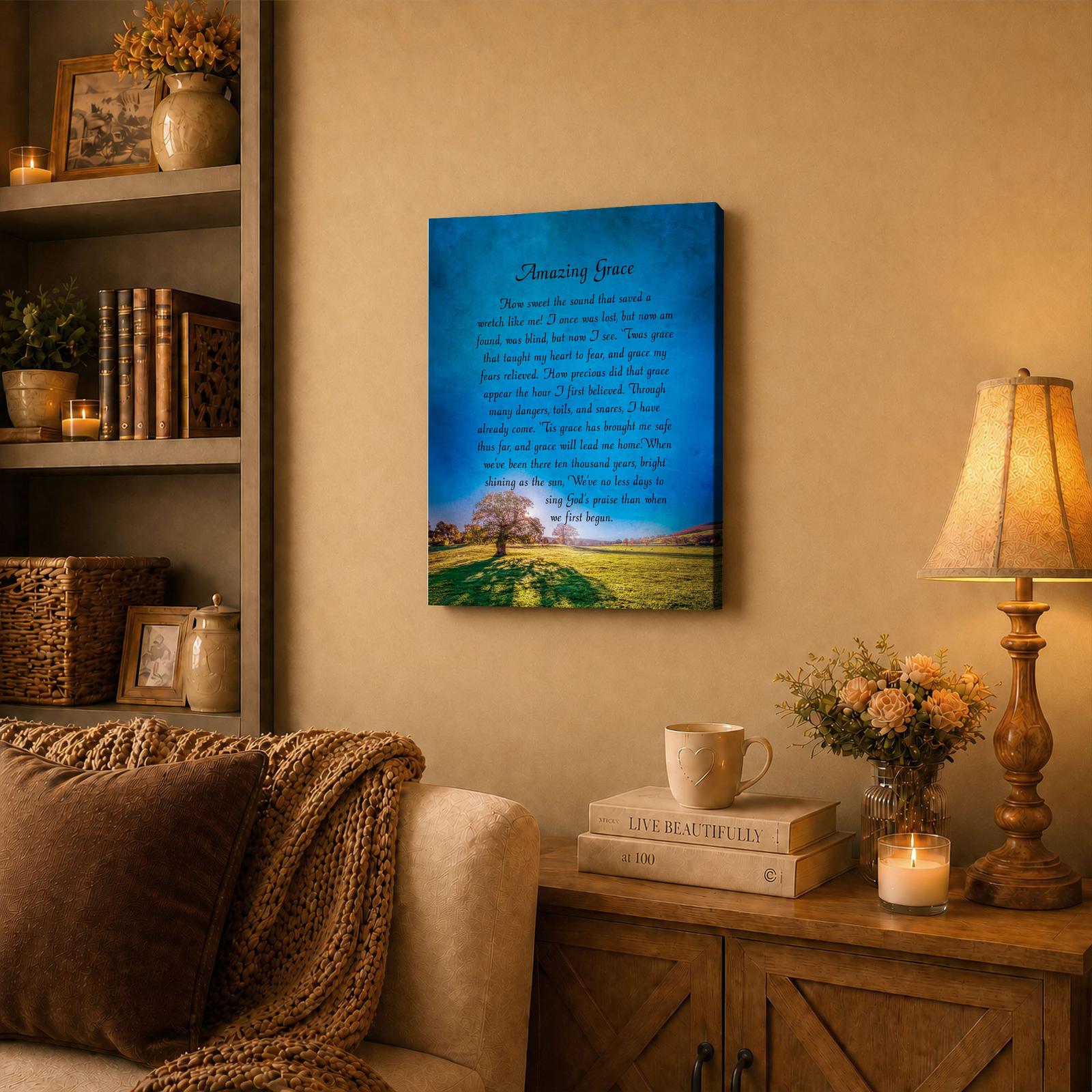 Amazing Grace canvas wall art displayed in living room